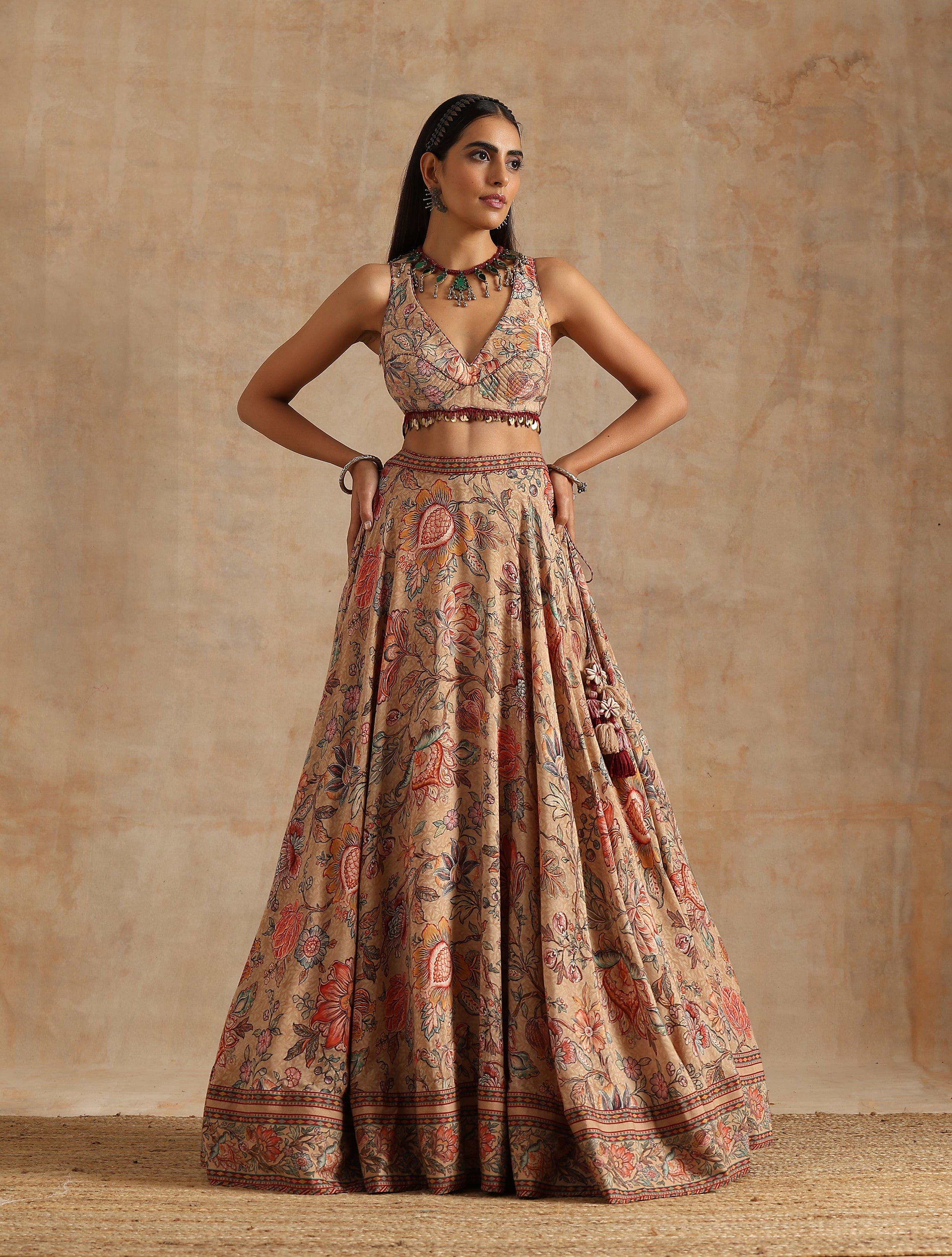 BADAMI JAAL PRINT LEHANGA WITH SLEEVELESS BLOUSE AND PLACEMENT PRINT DUPATTA