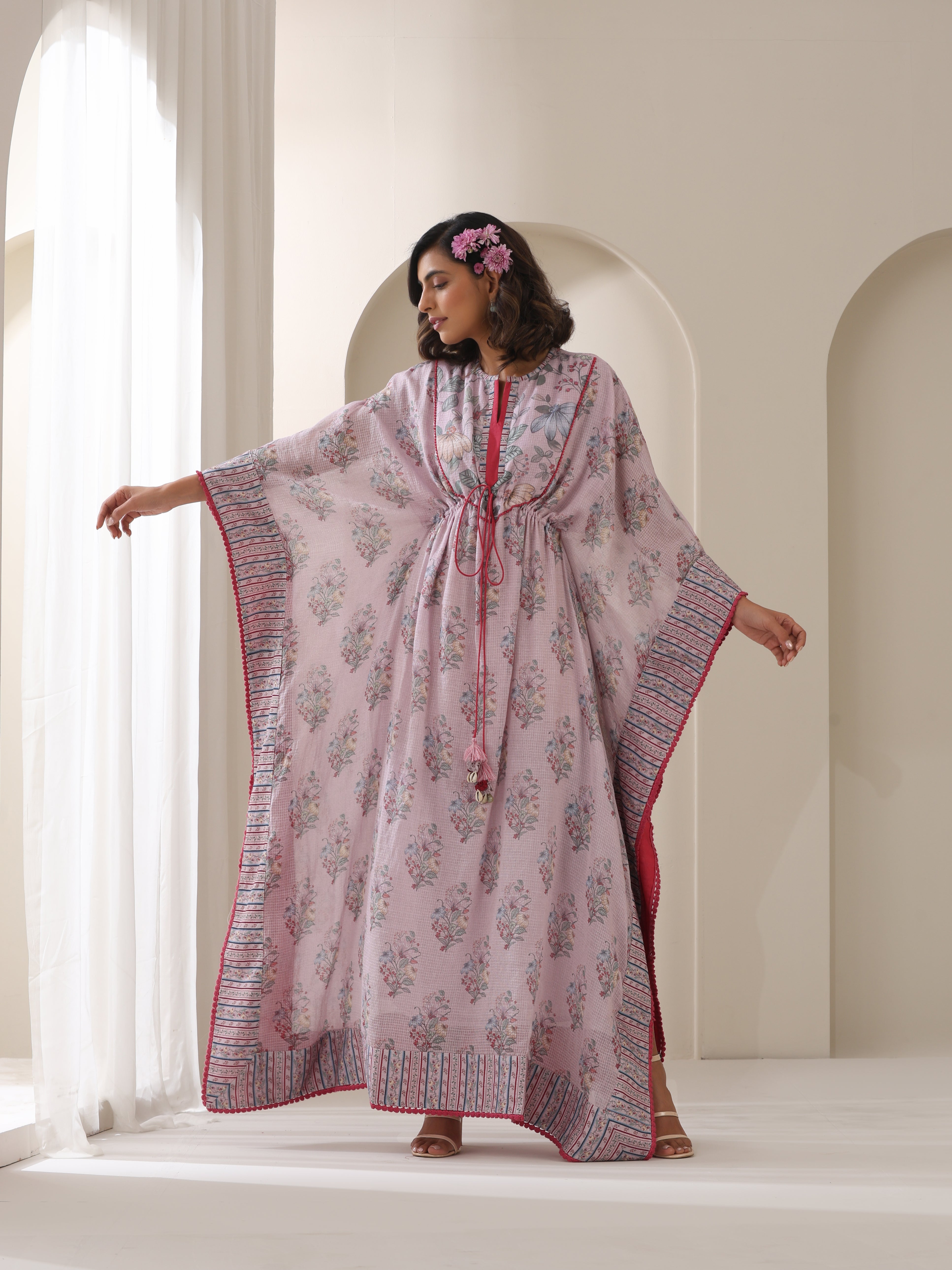 samvrih designer lilac kaftan with gulboota jaal yoke