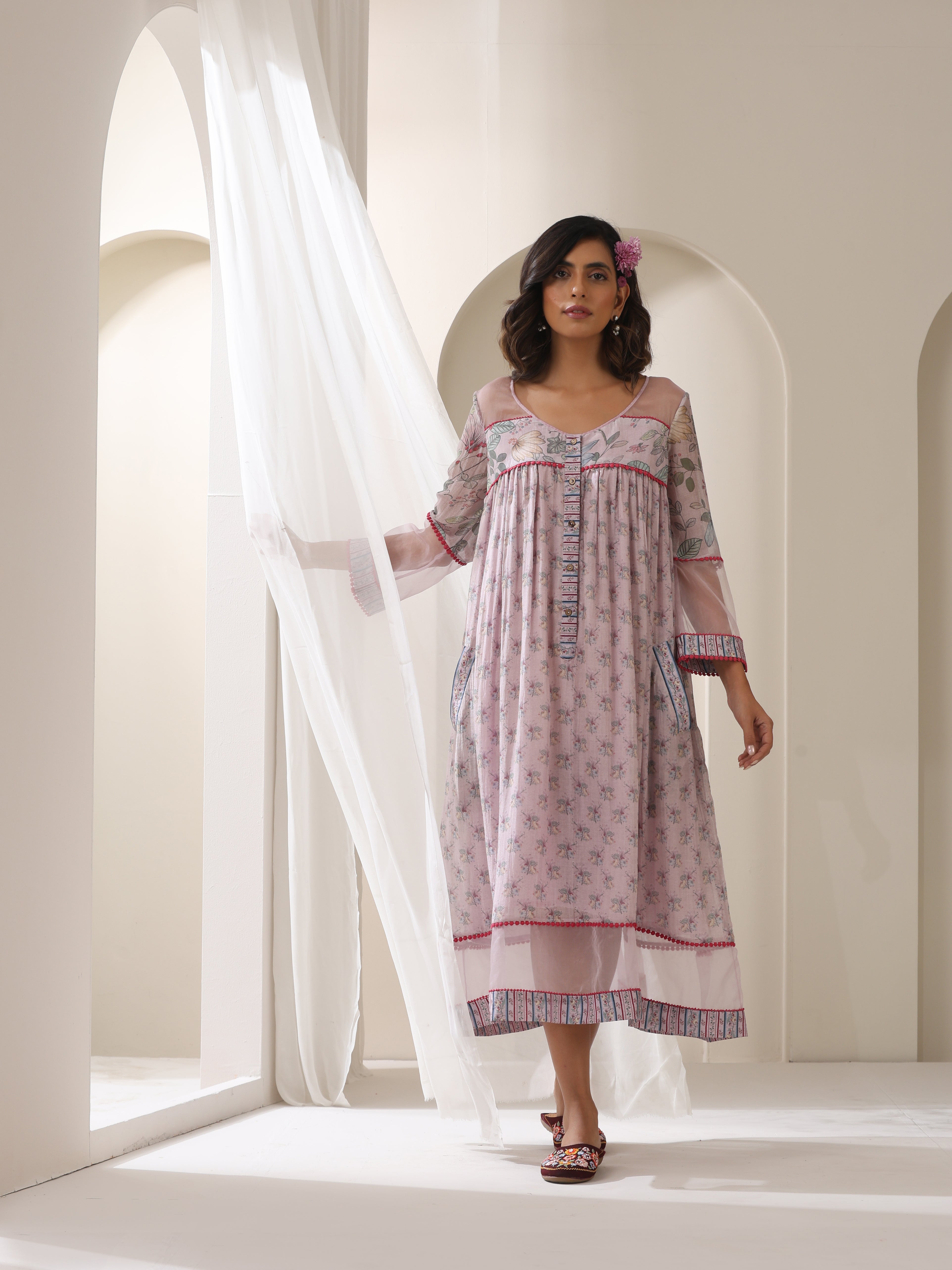 Samvrih Designer Gulbooti Printed Chanderi and Organza Dress in Lilac