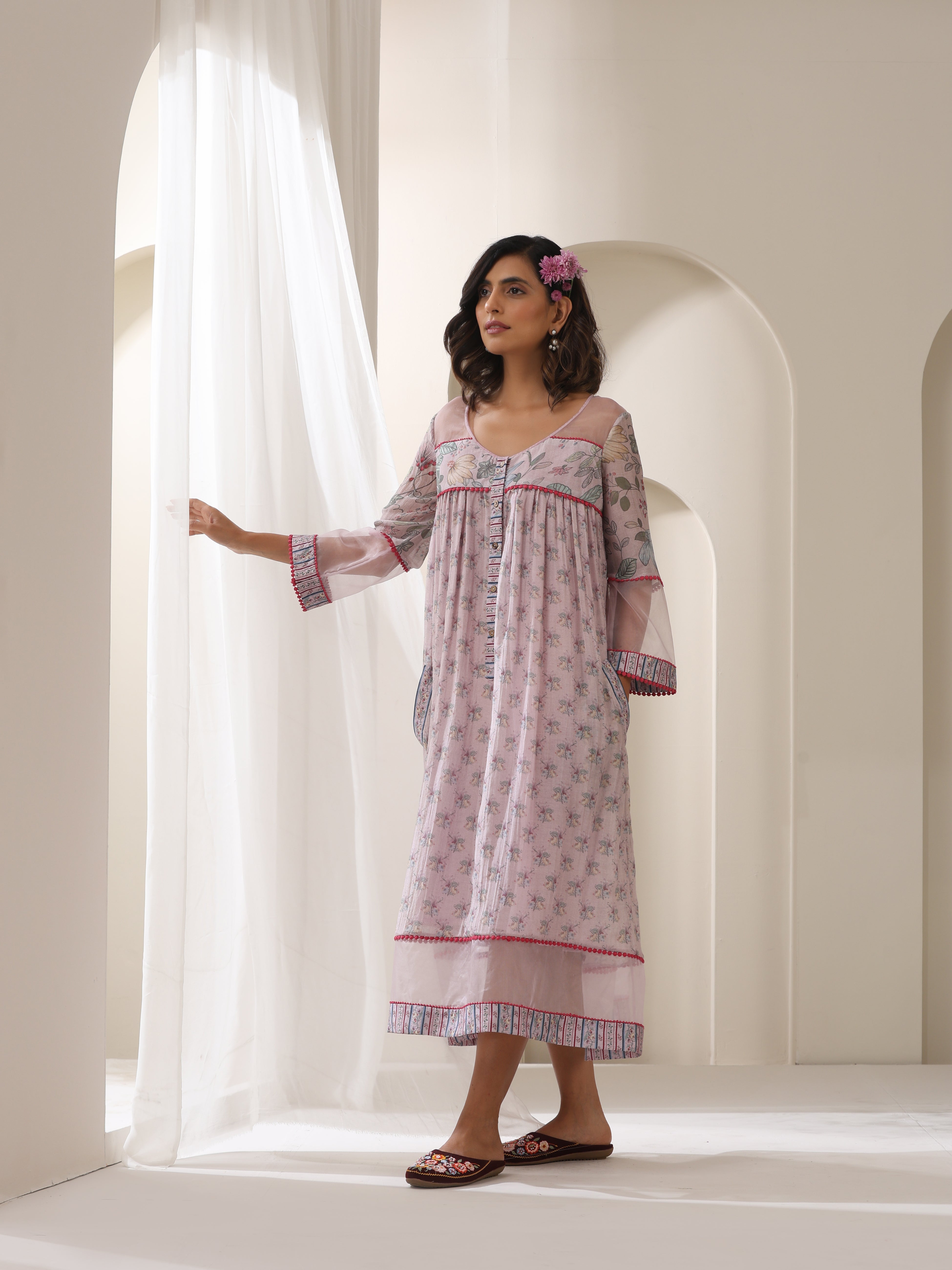 GULBOOTI PRINTED CHANDERI AND ORGANZA DRESS