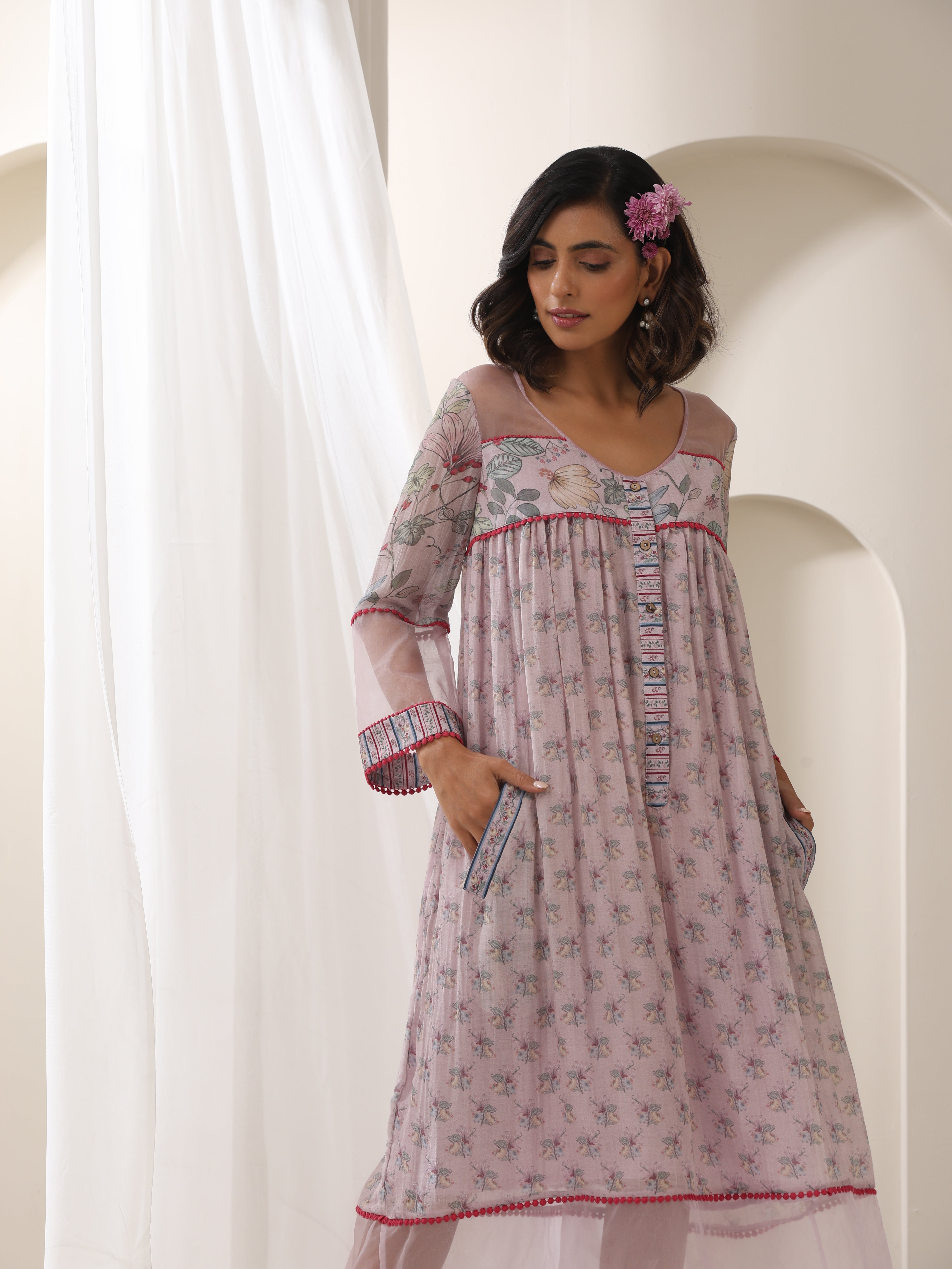 GULBOOTI PRINTED CHANDERI AND ORGANZA DRESS