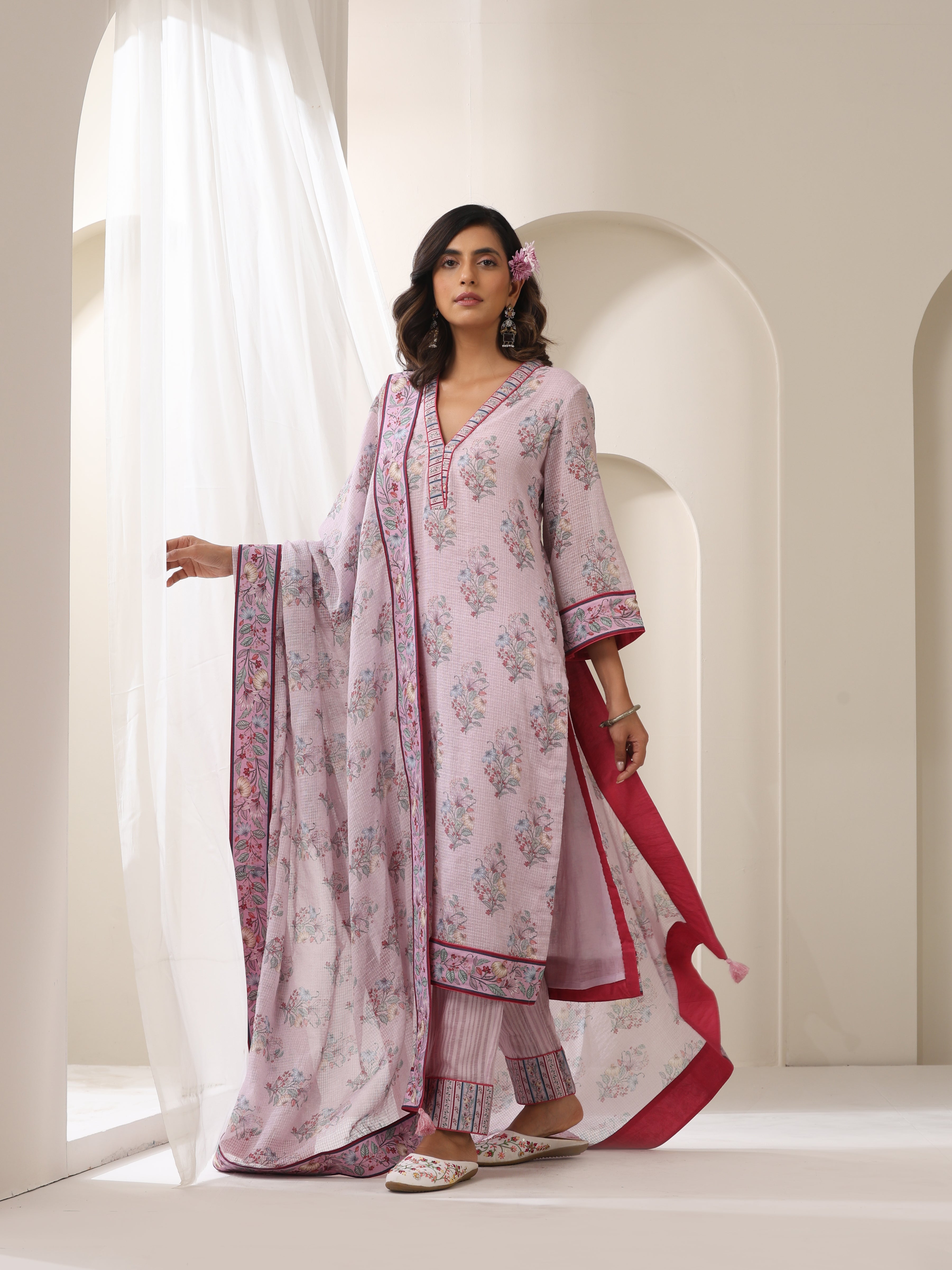 samvrih designer lilac gulboota printed kurta set with plazzo