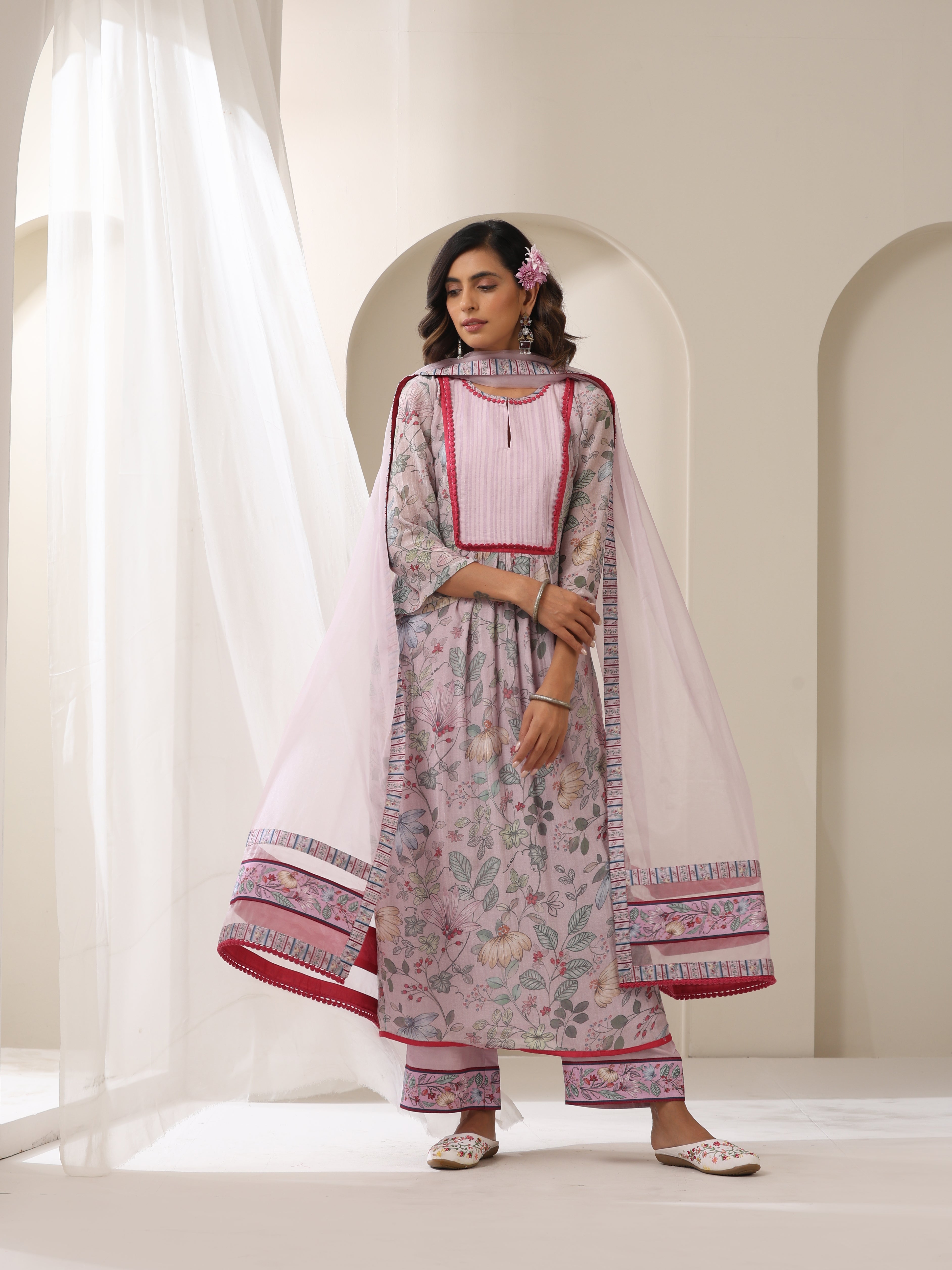 Samvrih Designer Gulistan Printed Kurta Set in Lilac with Palazzo and Dupatta