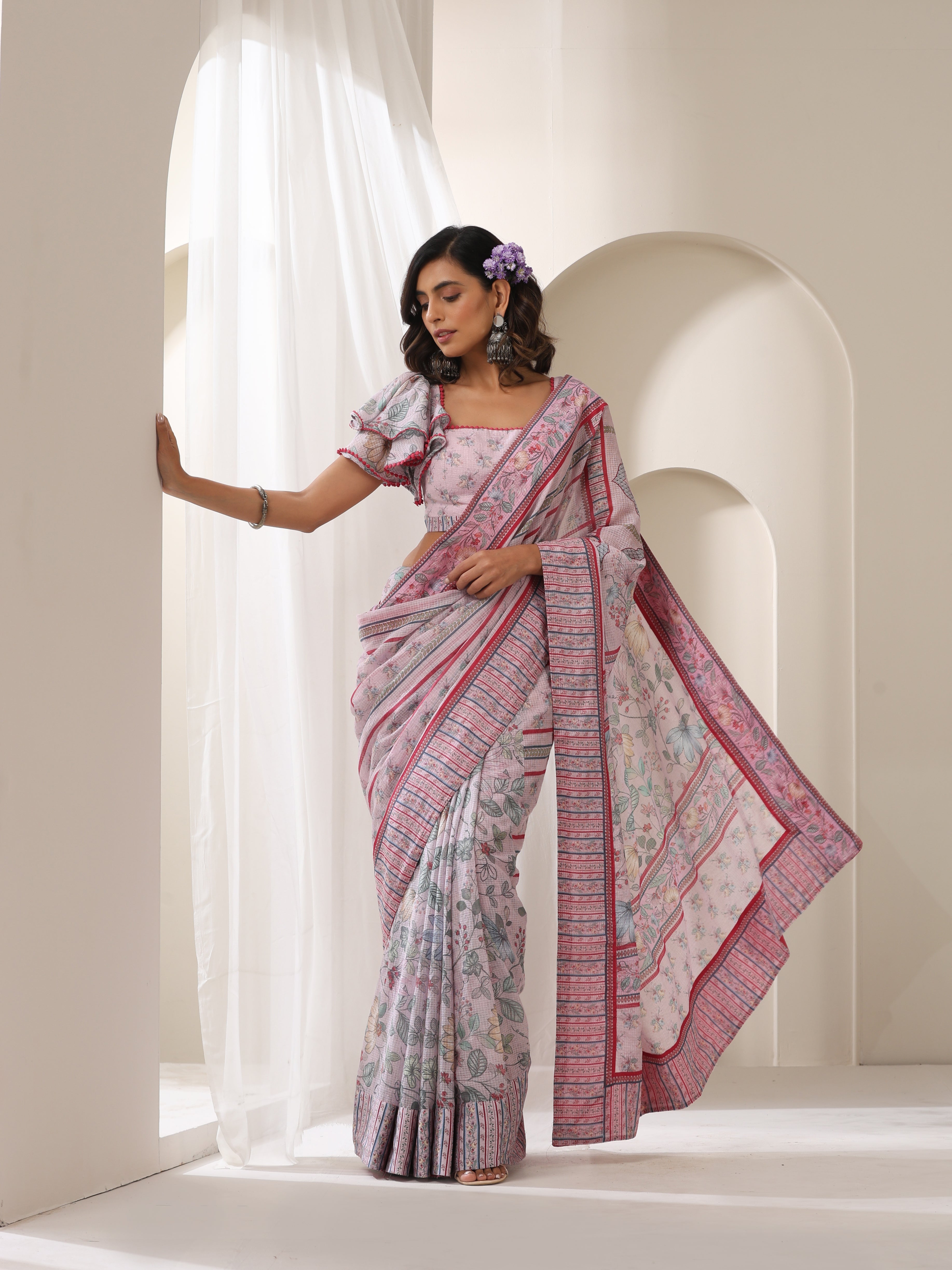 Samvrih designer lilac Gulbahar saree with double-layered blouse sleeves
