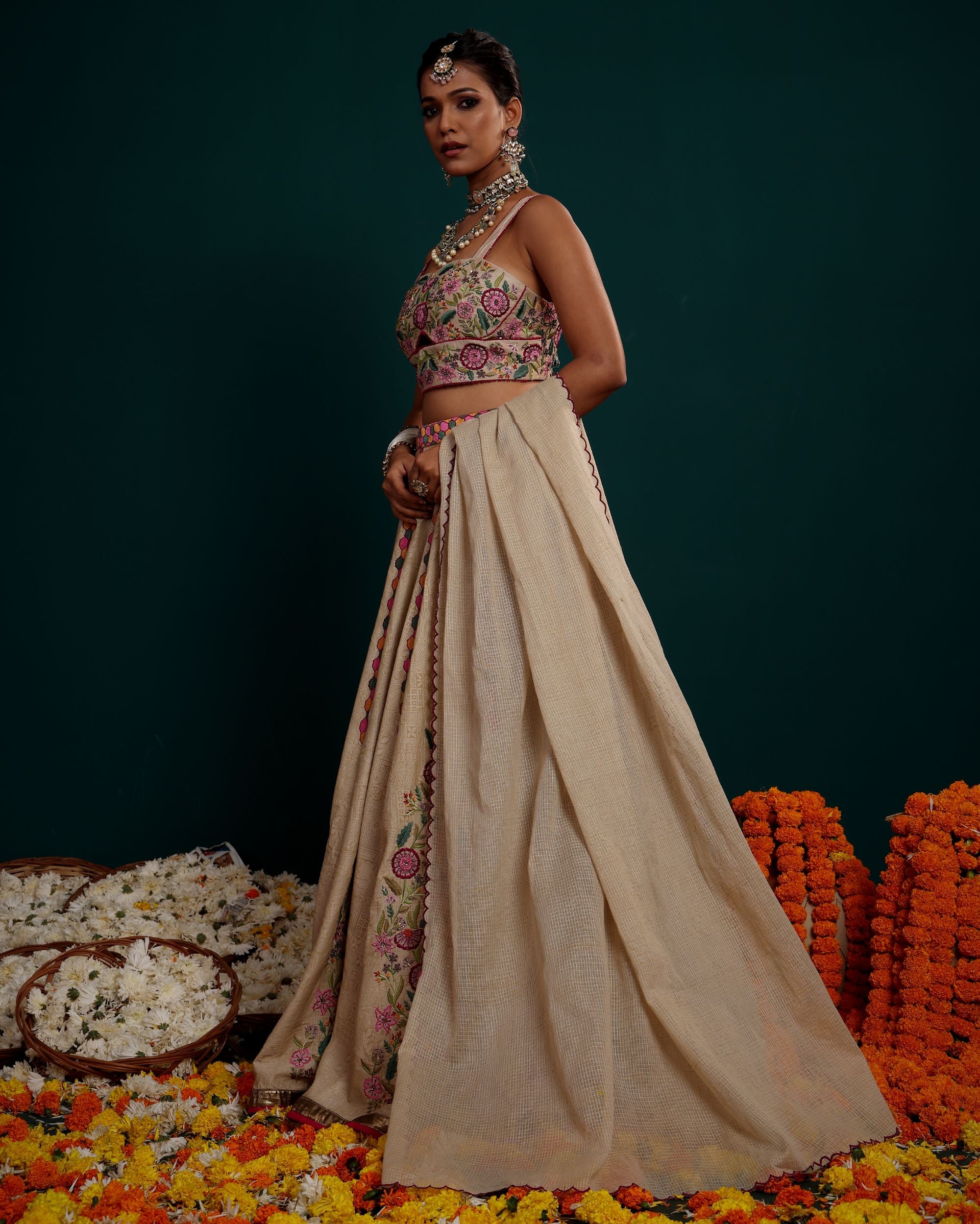 KALI EMBROIDERED LEHANGA WITH SLEEVLESS BLOUSE & KOTA DUPATTA