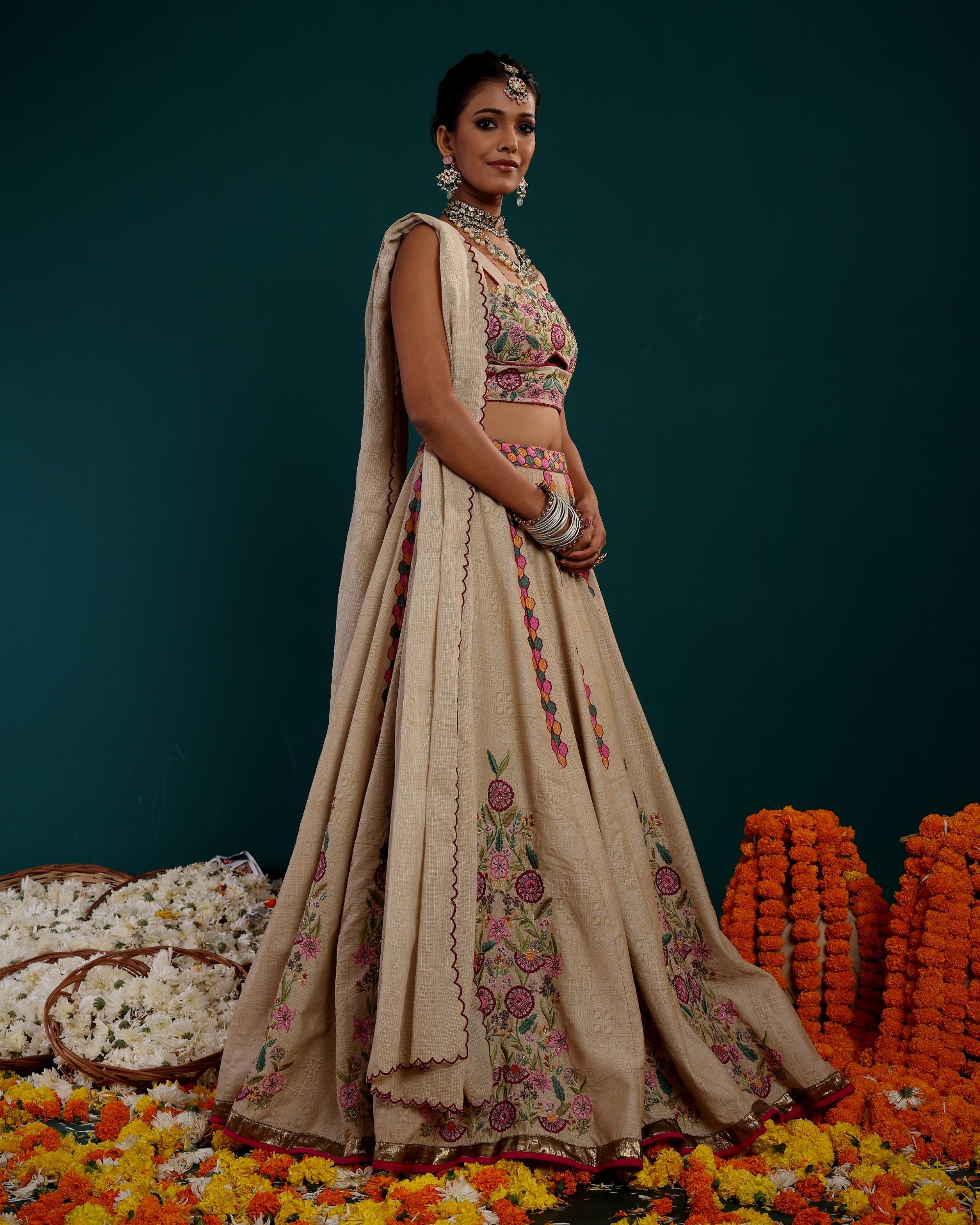 KALI EMBROIDERED LEHANGA WITH SLEEVLESS BLOUSE & KOTA DUPATTA
