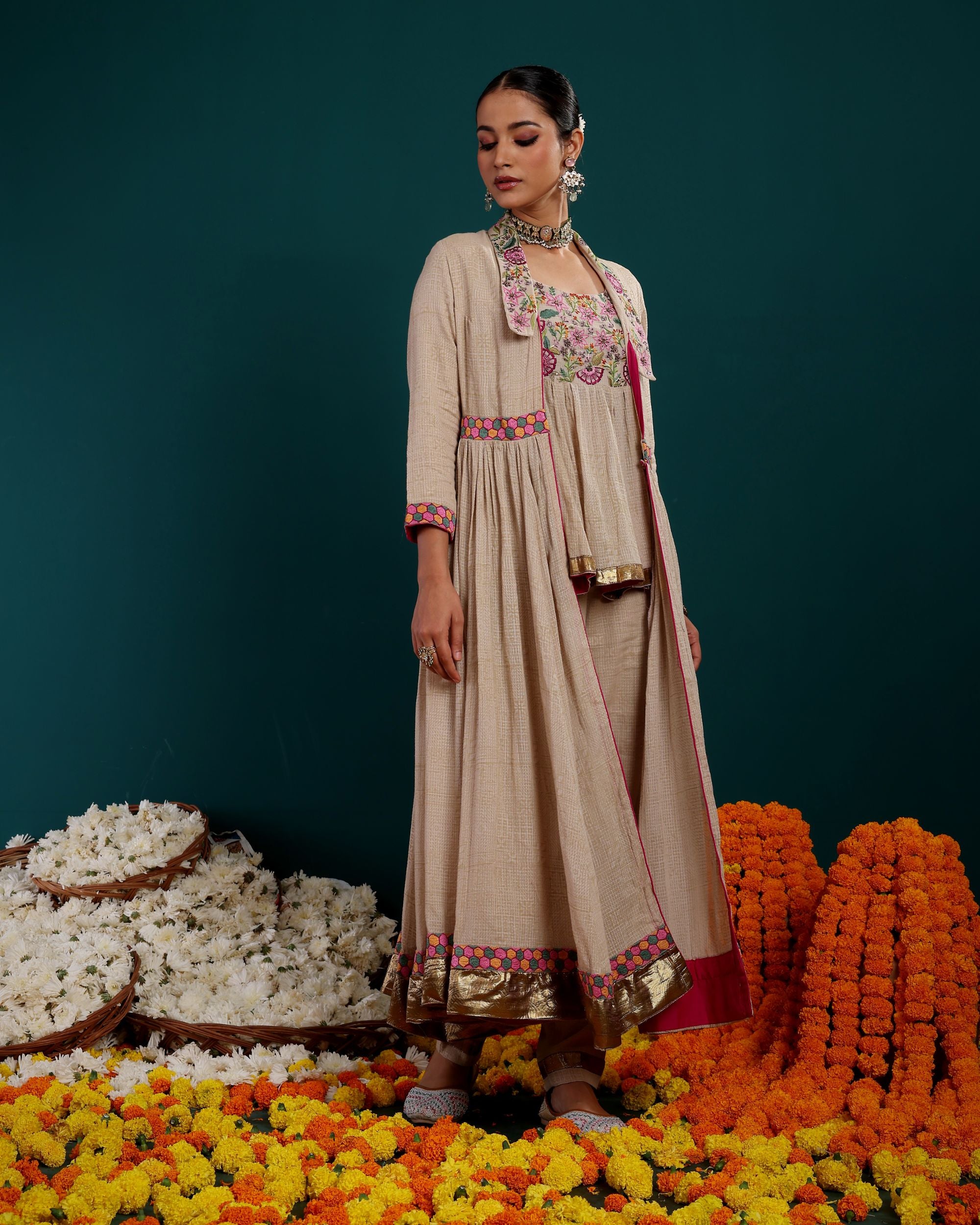LONG EMBROIDERED KALI JACKET WITH EMBROIDERED KEDIA AND PANT