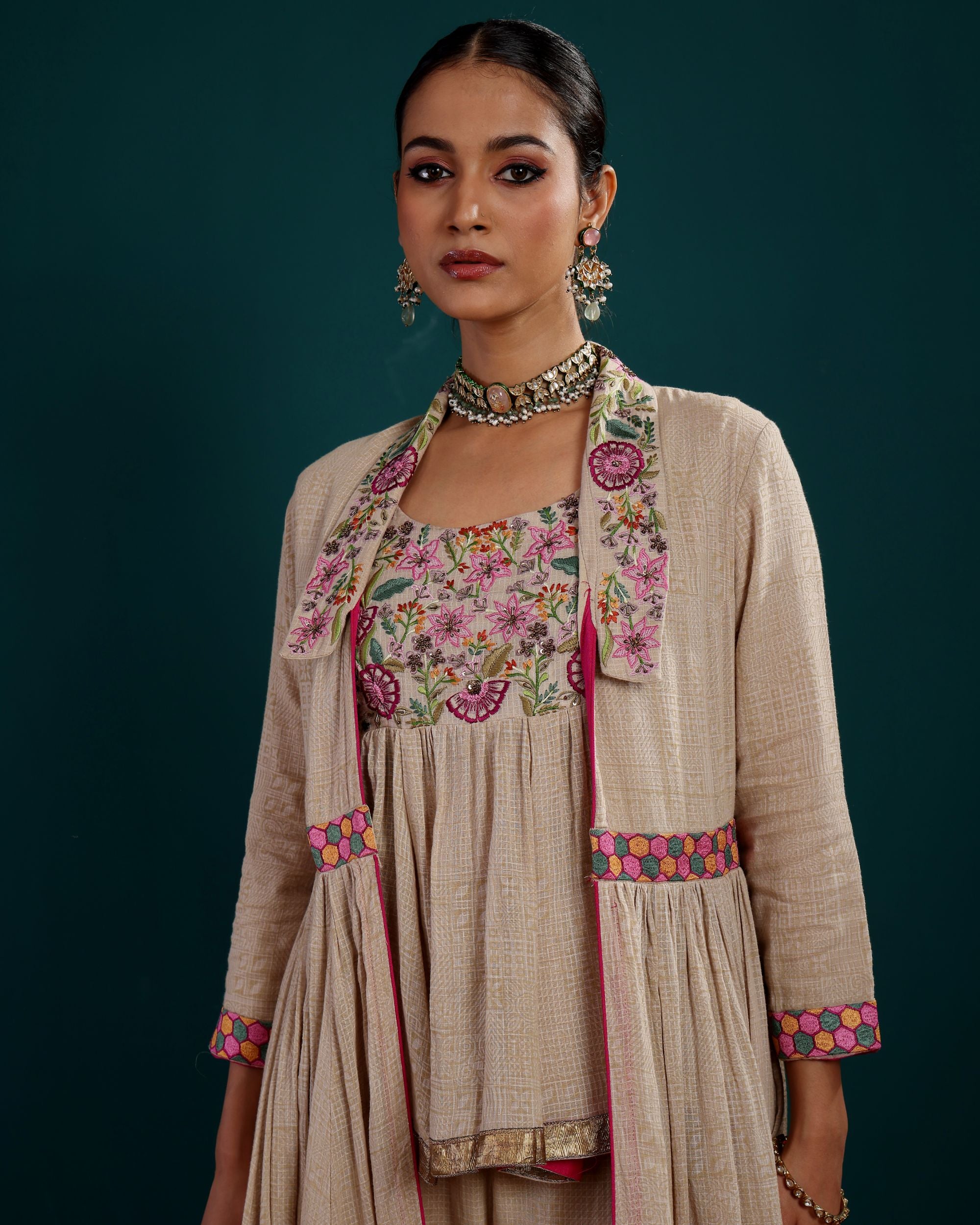 LONG EMBROIDERED KALI JACKET WITH EMBROIDERED KEDIA AND PANT