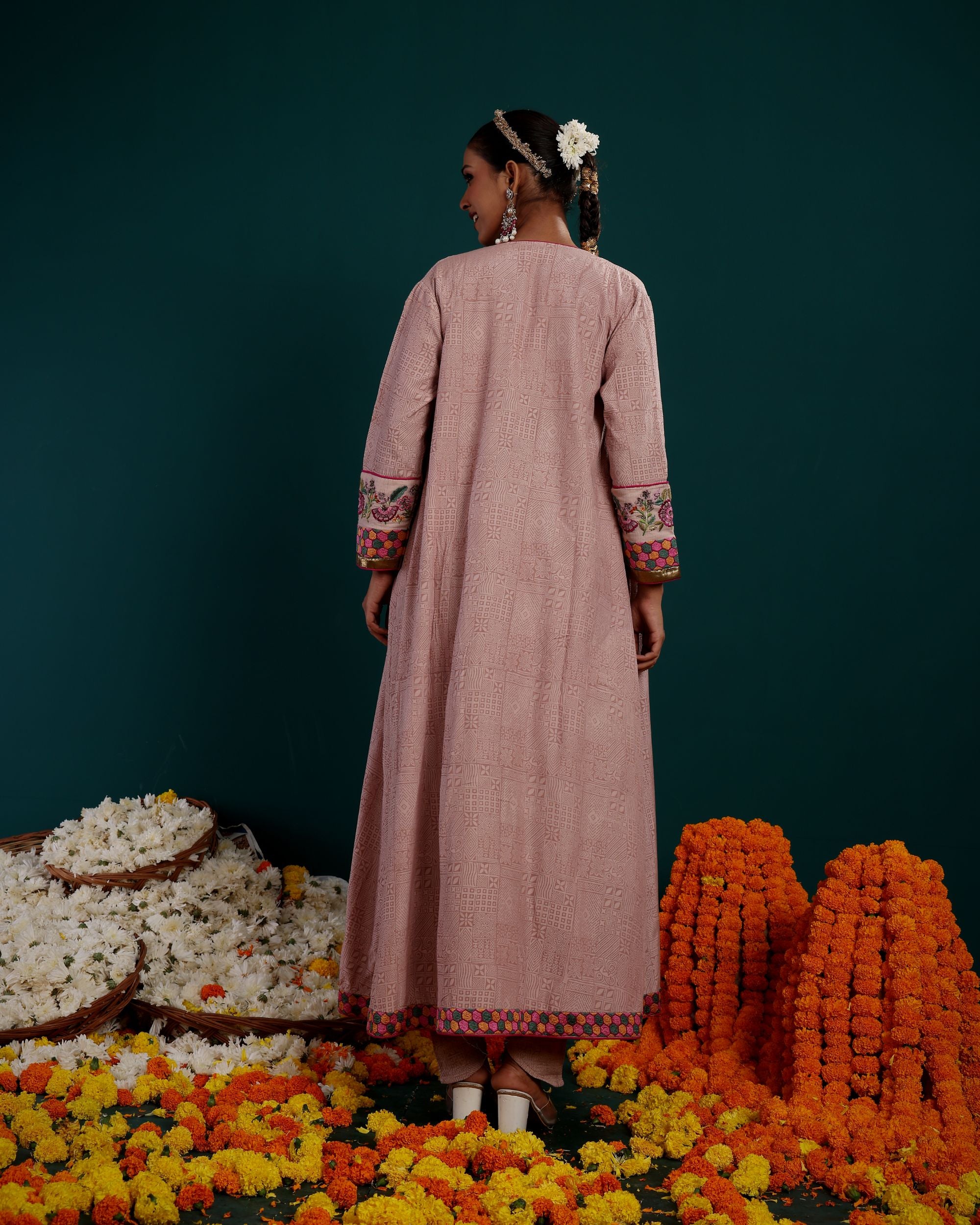LONG PLAIN JACKET WITH EMBROIDERED BLOUSE AND DHOTI PANT