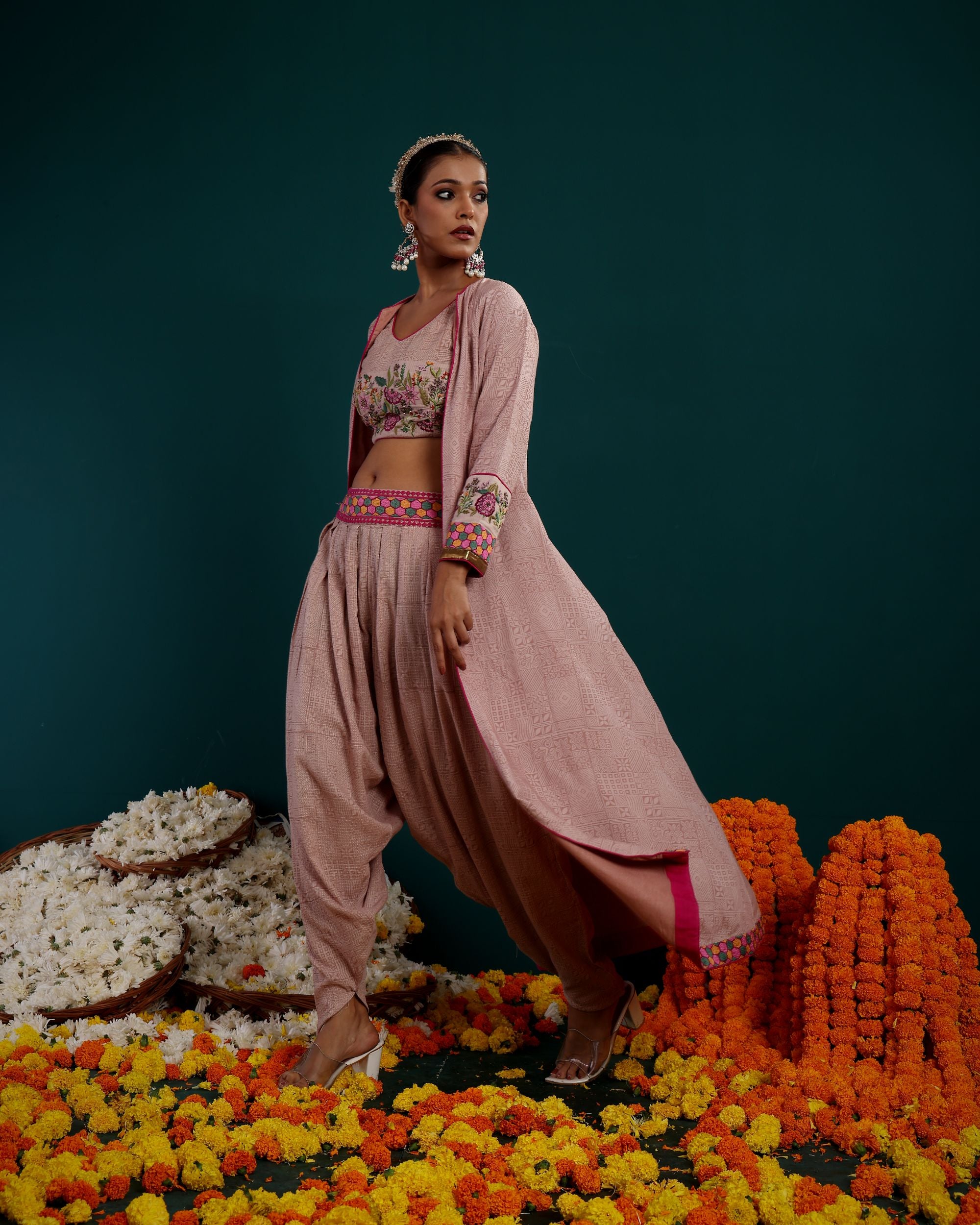 LONG PLAIN JACKET WITH EMBROIDERED BLOUSE AND DHOTI PANT