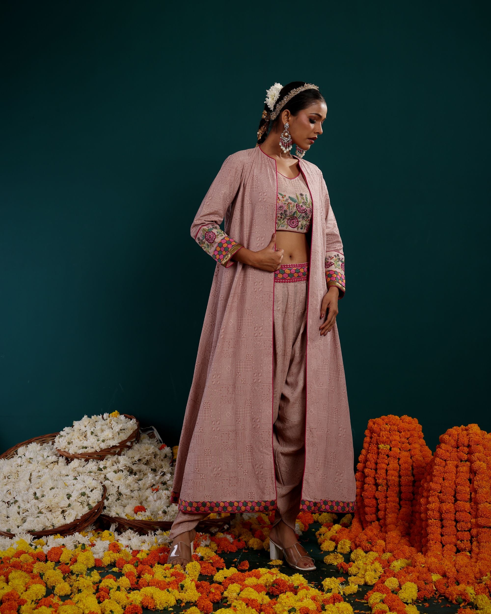 LONG PLAIN JACKET WITH EMBROIDERED BLOUSE AND DHOTI PANT