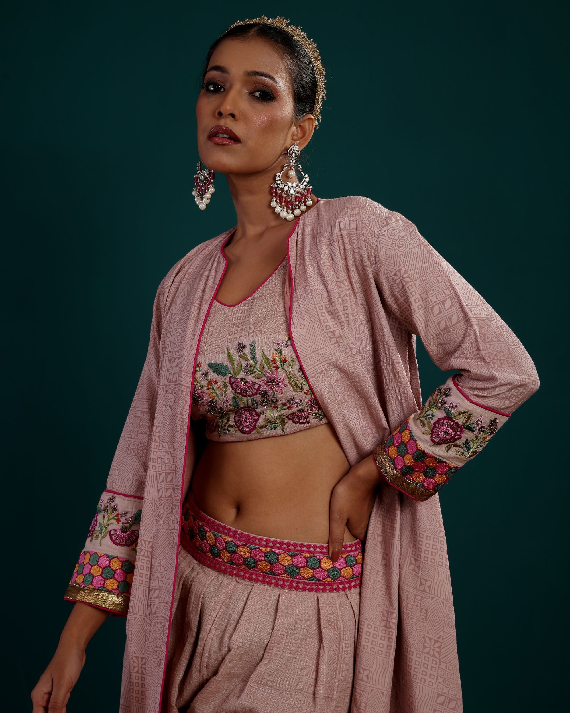 LONG PLAIN JACKET WITH EMBROIDERED BLOUSE AND DHOTI PANT