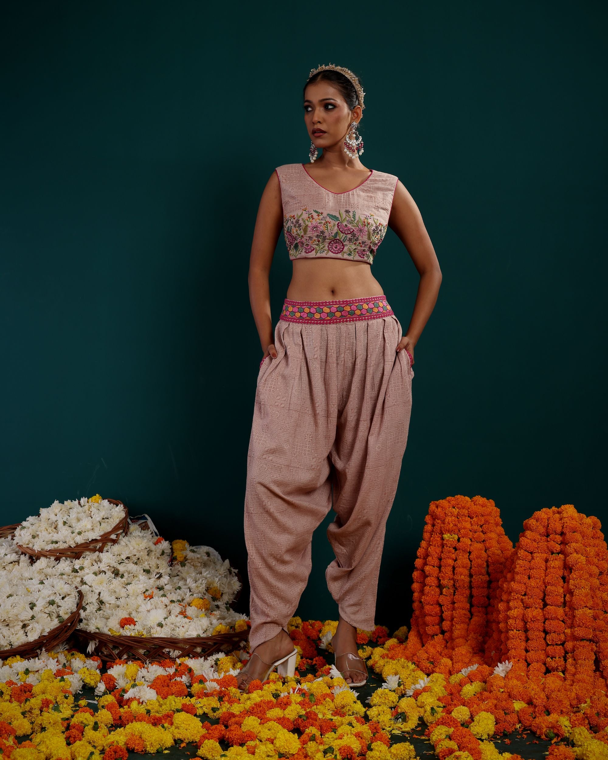 LONG PLAIN JACKET WITH EMBROIDERED BLOUSE AND DHOTI PANT