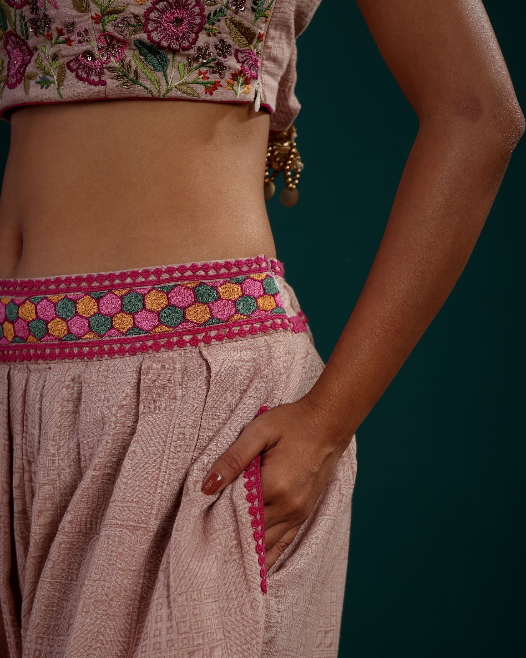LONG PLAIN JACKET WITH EMBROIDERED BLOUSE AND DHOTI PANT
