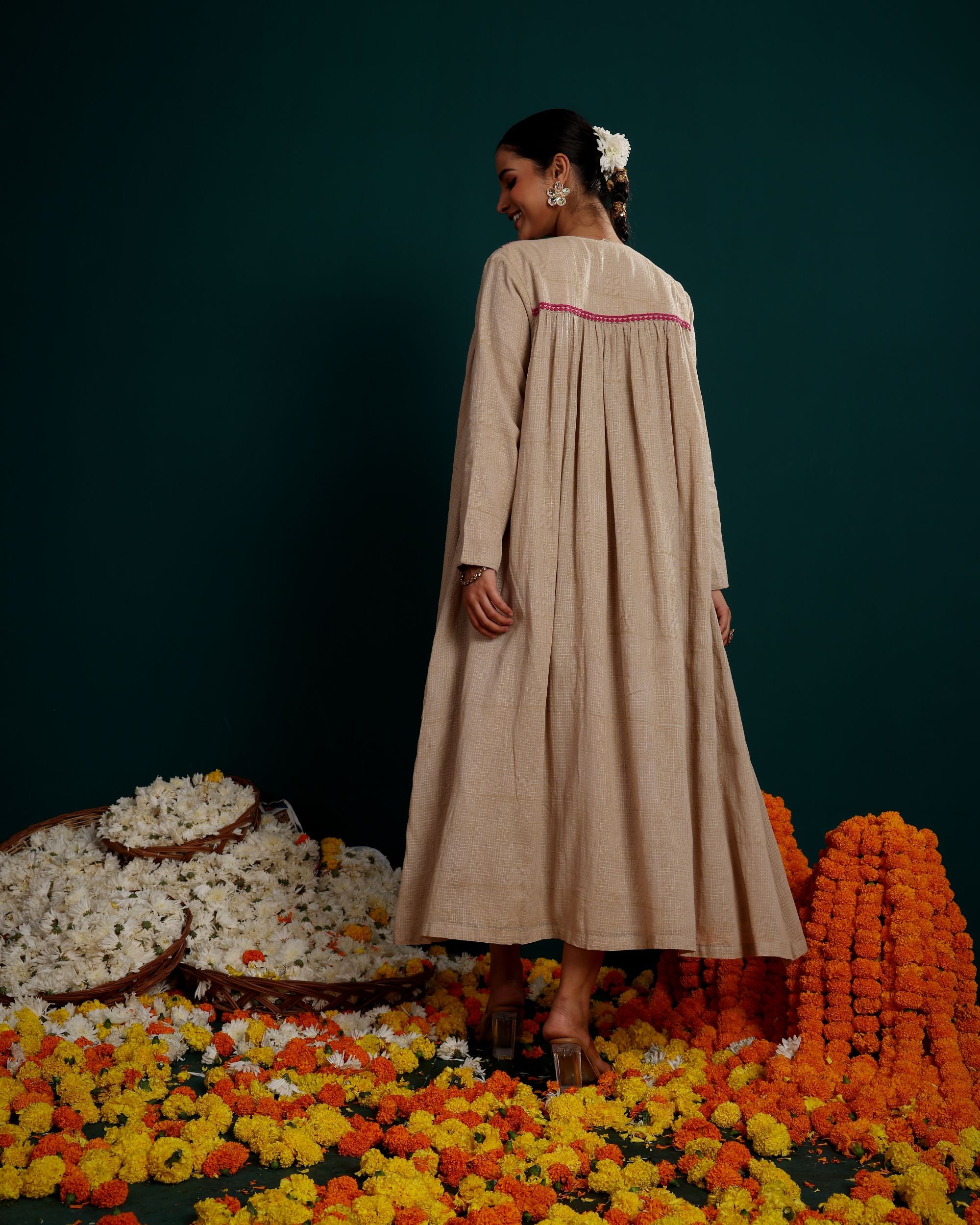 EMBROIDERED LONG SHRUG WITH SHORT DRESS