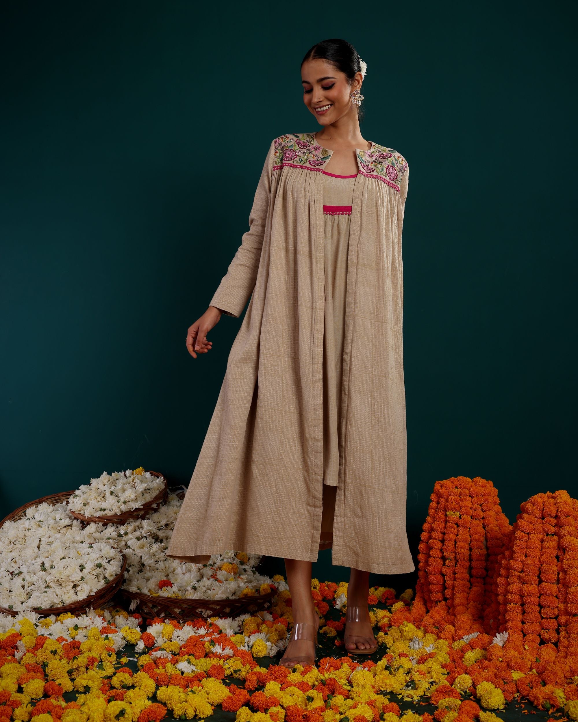 EMBROIDERED LONG SHRUG WITH SHORT DRESS