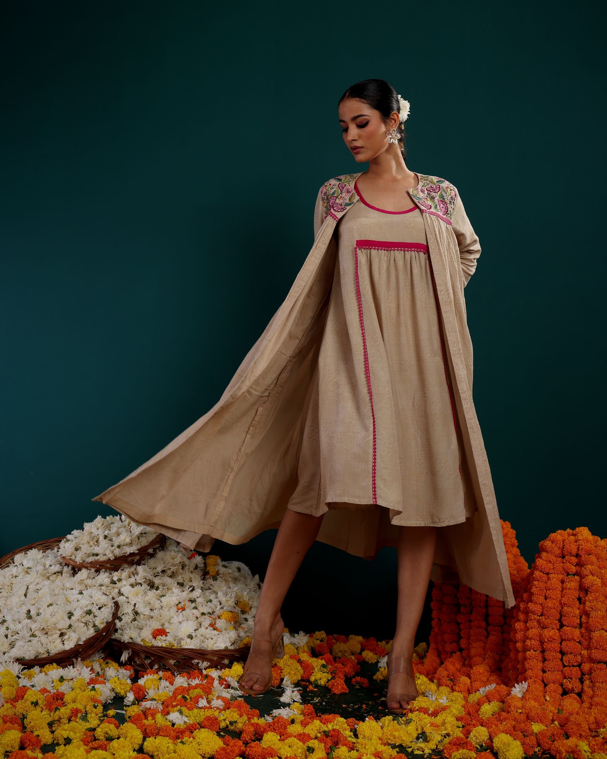 EMBROIDERED LONG SHRUG WITH SHORT DRESS