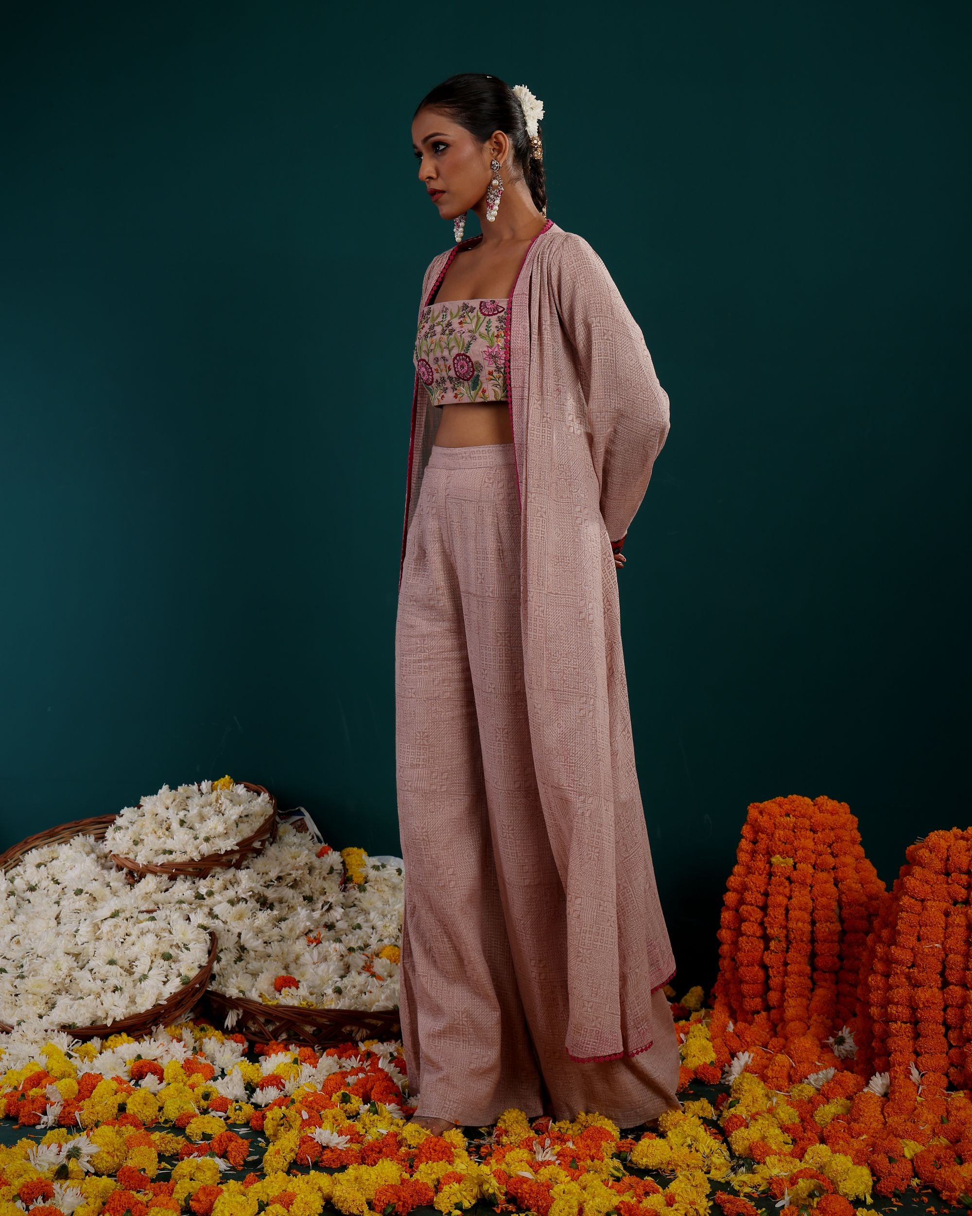 LONG PLAIN SHRUG WITH EMBROIDERED BLOUSE & PLAZZO