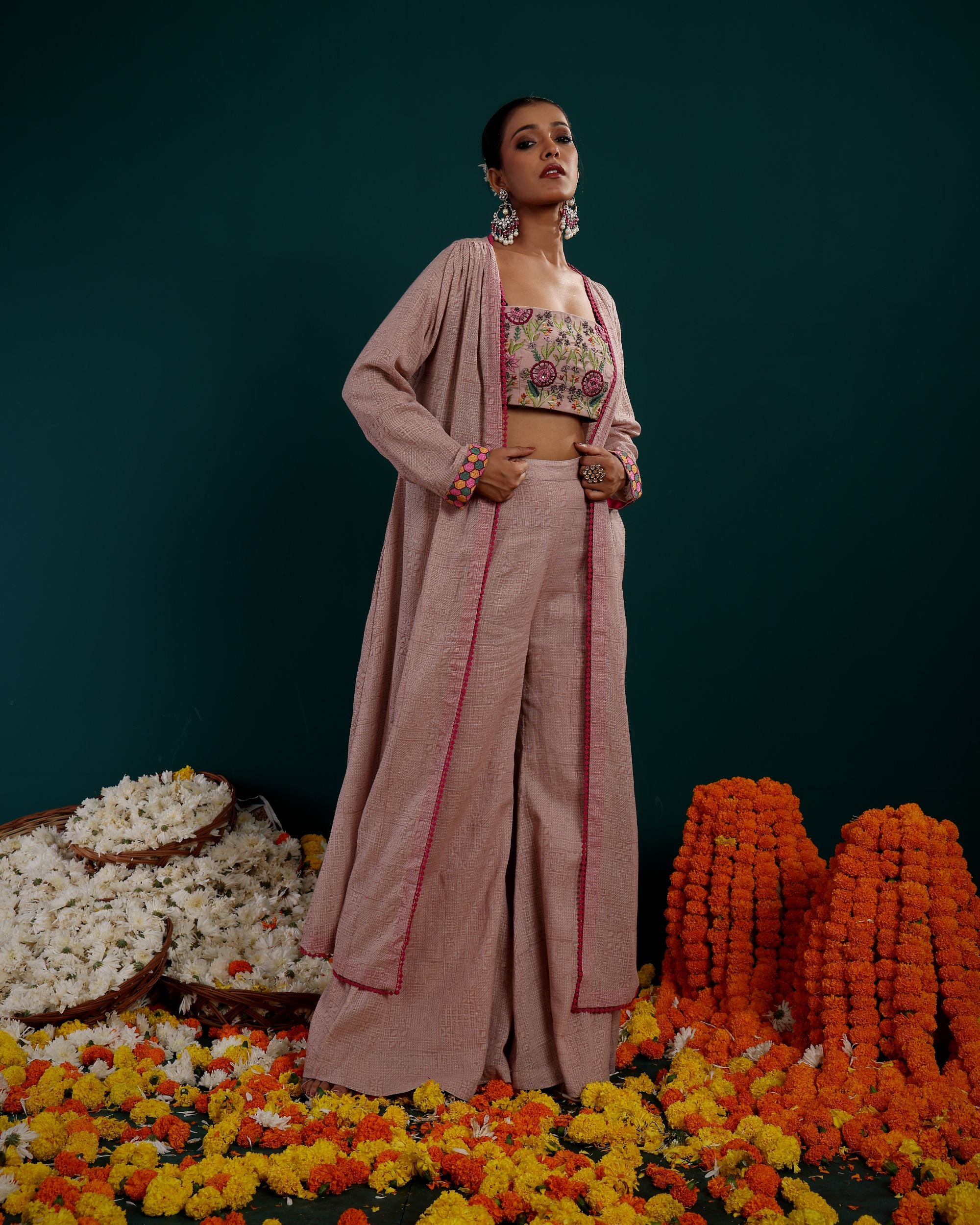 LONG PLAIN SHRUG WITH EMBROIDERED BLOUSE & PLAZZO