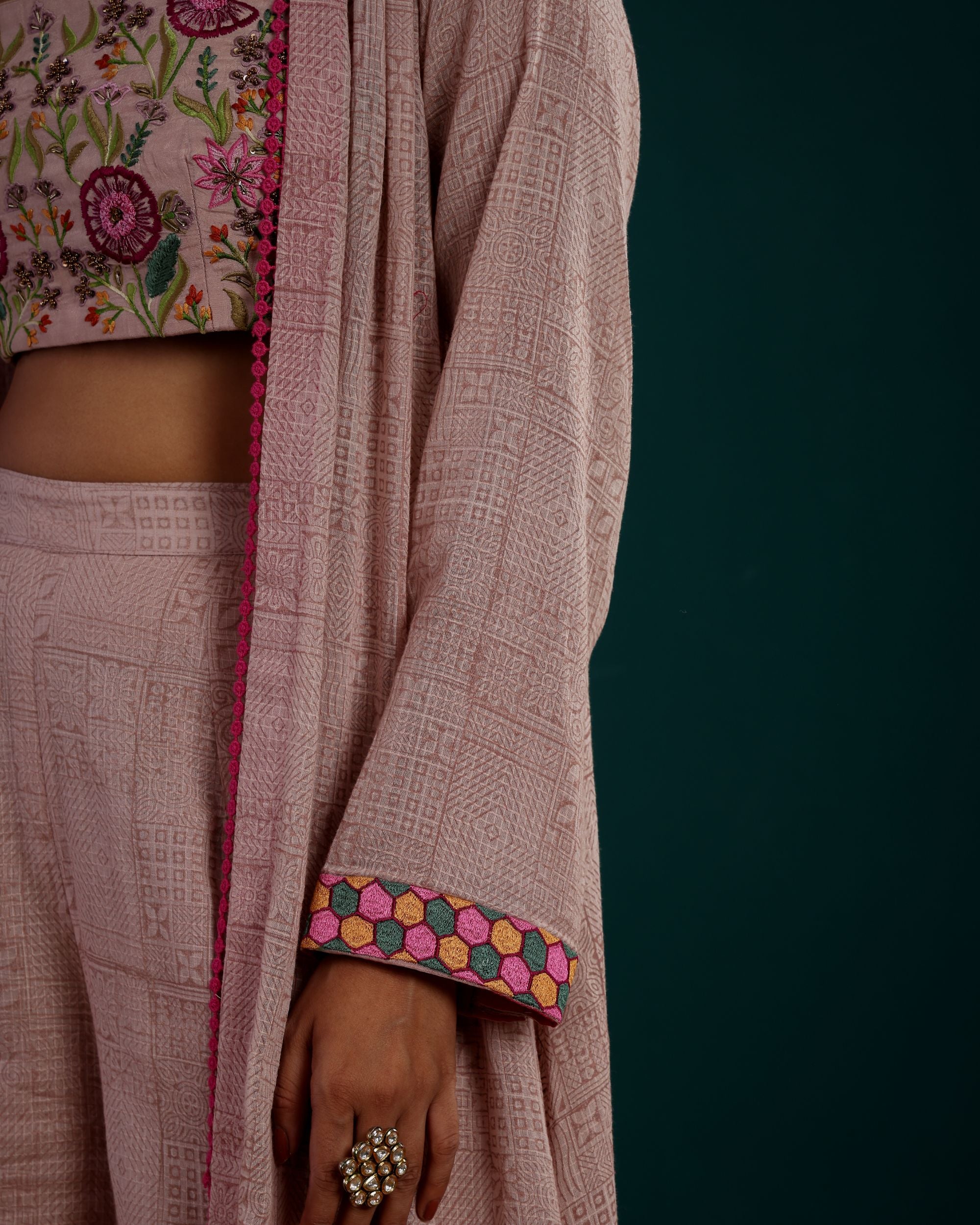 LONG PLAIN SHRUG WITH EMBROIDERED BLOUSE & PLAZZO