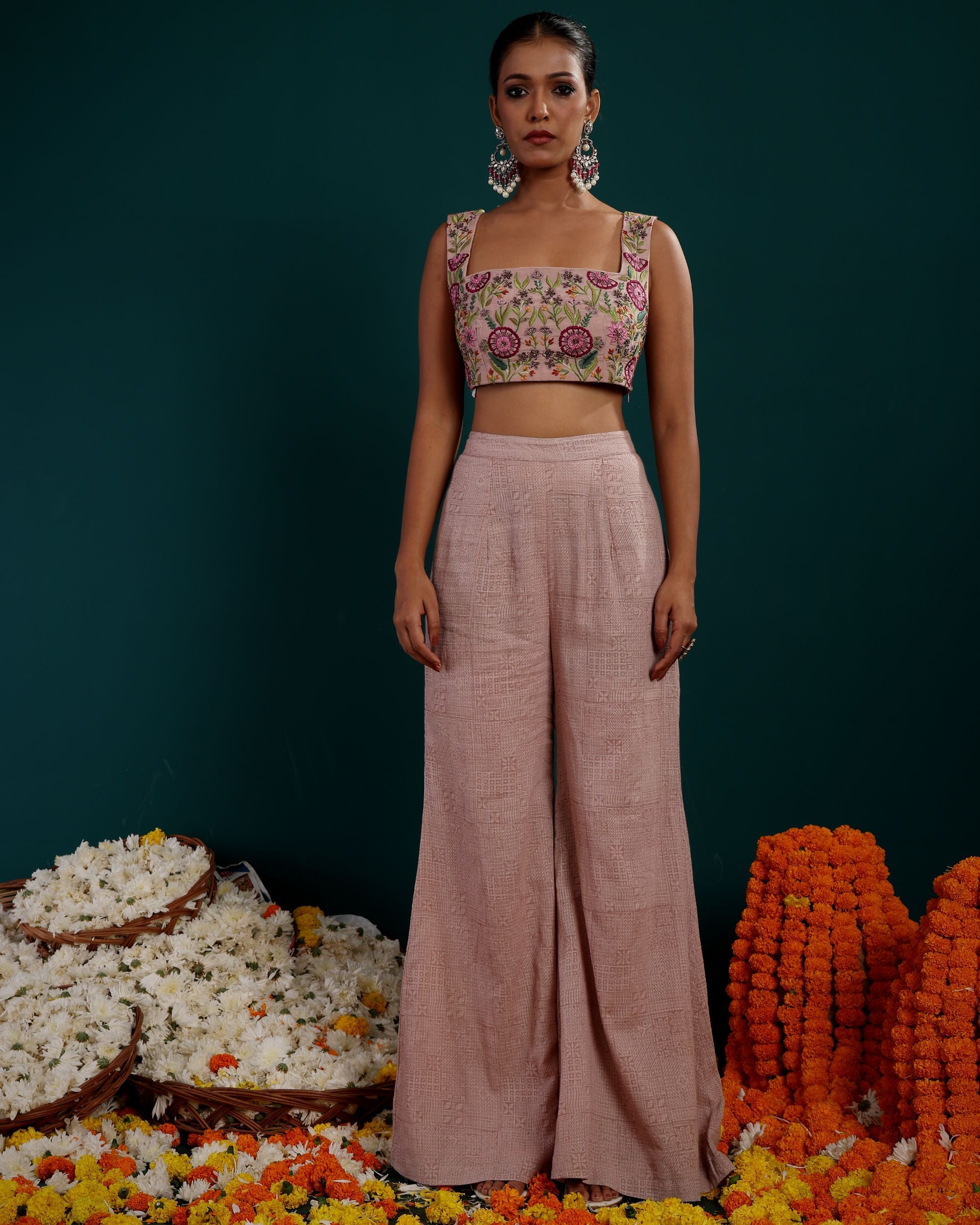 LONG PLAIN SHRUG WITH EMBROIDERED BLOUSE & PLAZZO