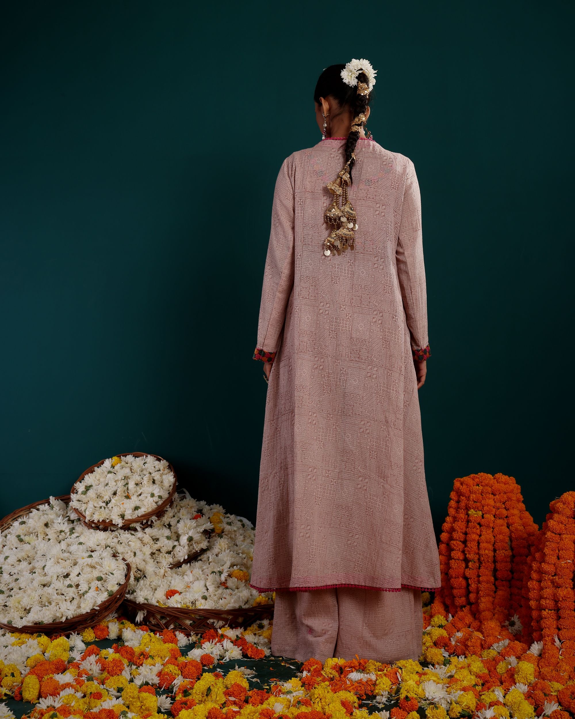 LONG PLAIN SHRUG WITH EMBROIDERED BLOUSE & PLAZZO