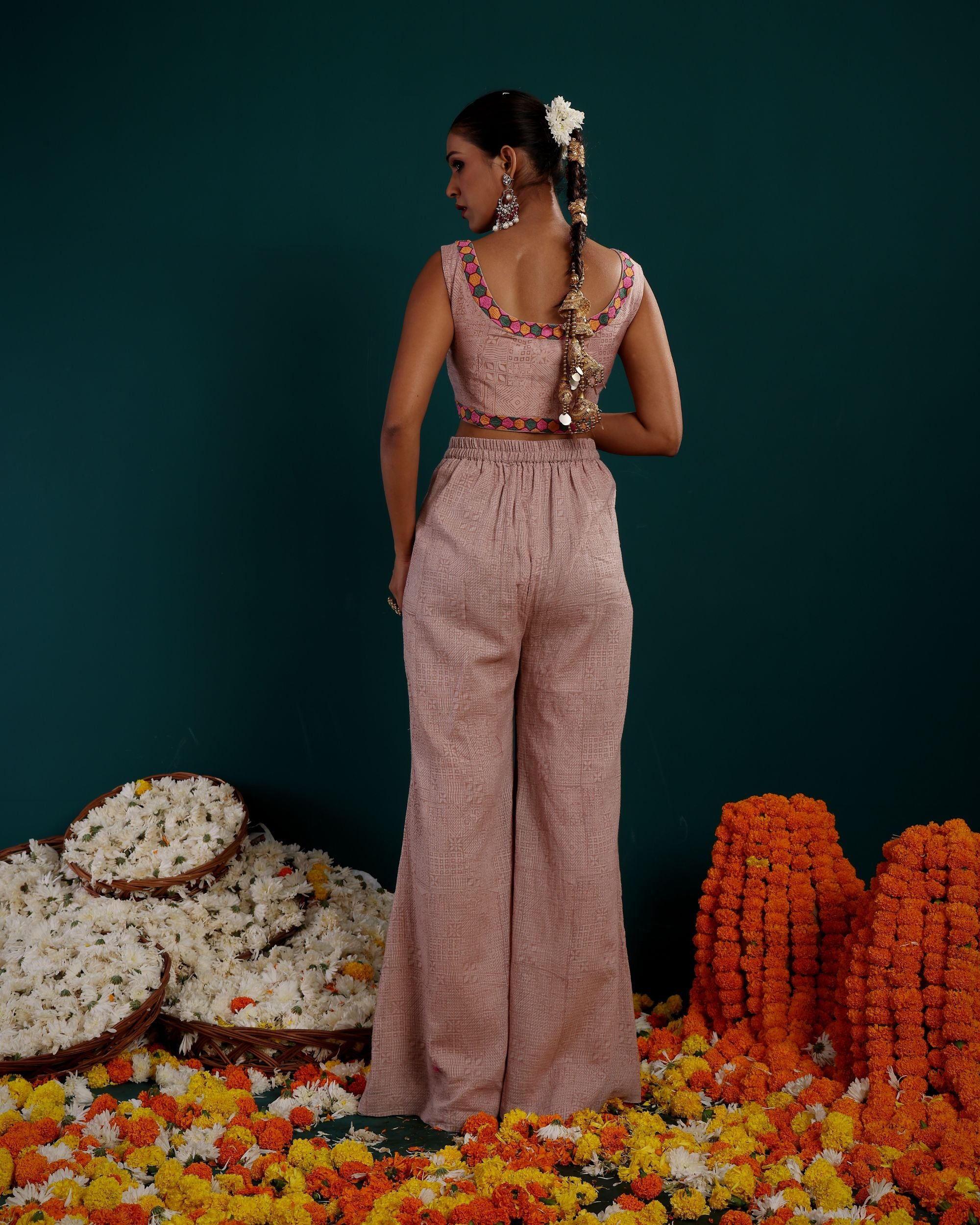 LONG PLAIN SHRUG WITH EMBROIDERED BLOUSE & PLAZZO