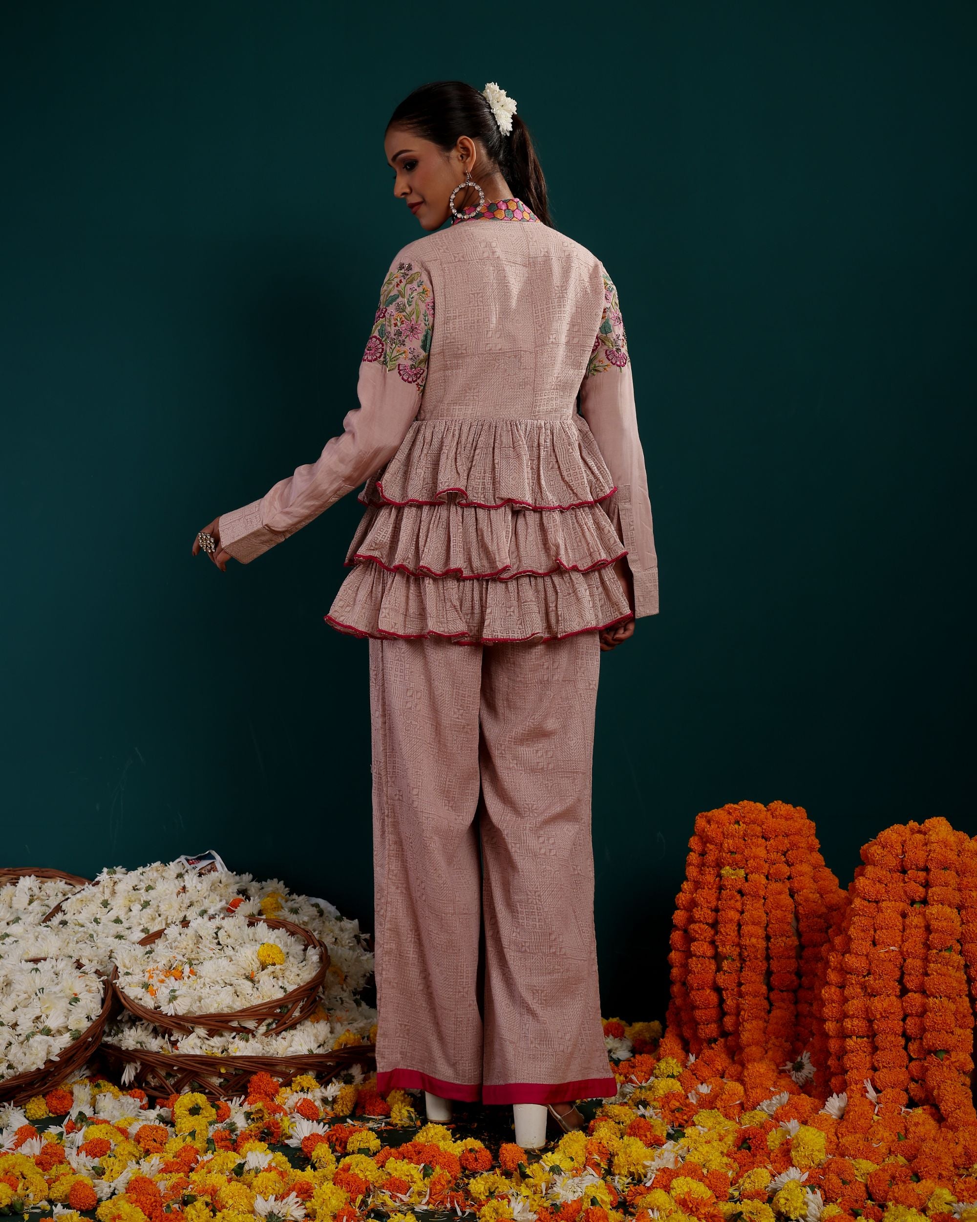 3TIER FULL SLEEVES EMBROIDERED TOP WITH INNER & PLAZZO