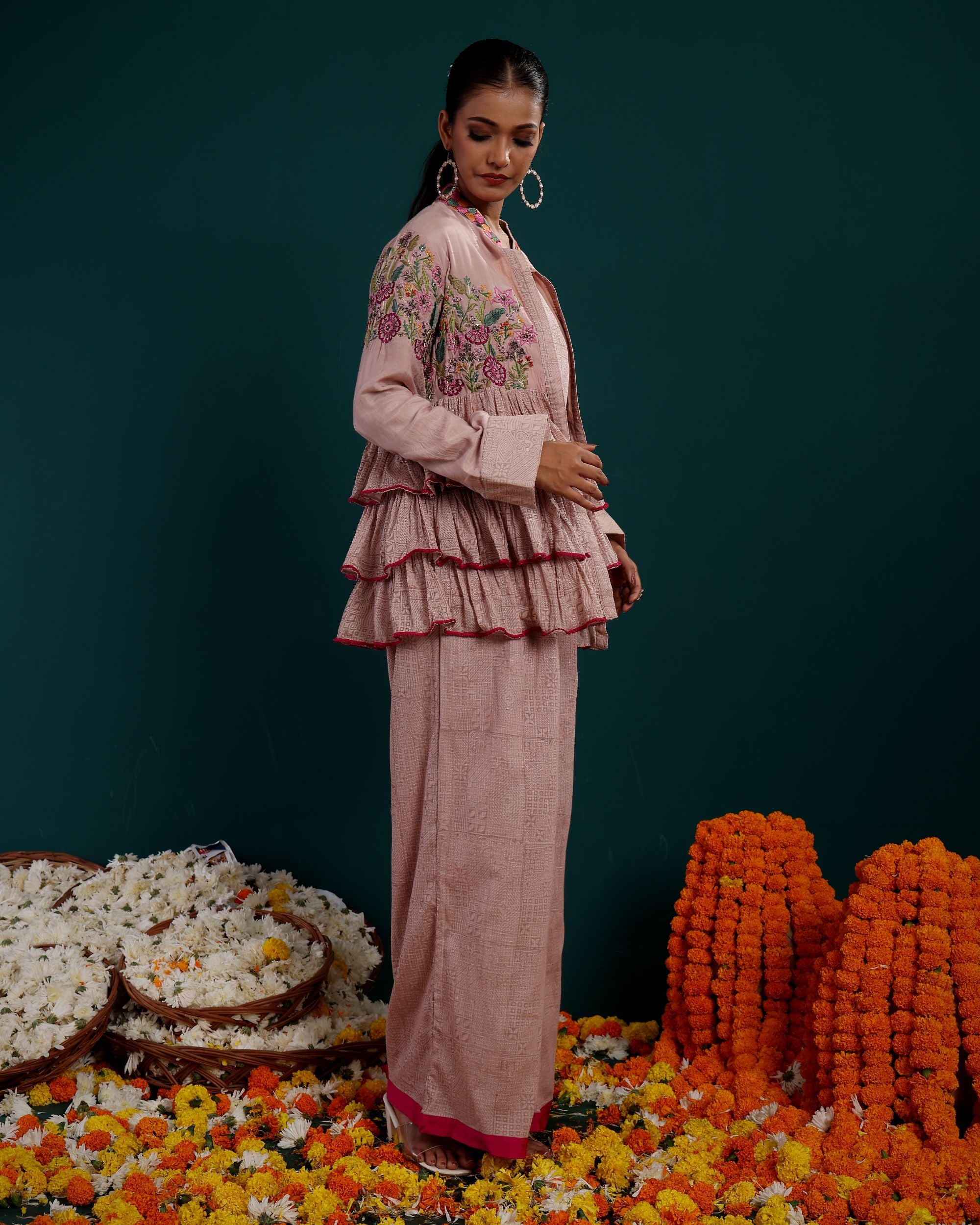 3TIER FULL SLEEVES EMBROIDERED TOP WITH INNER & PLAZZO