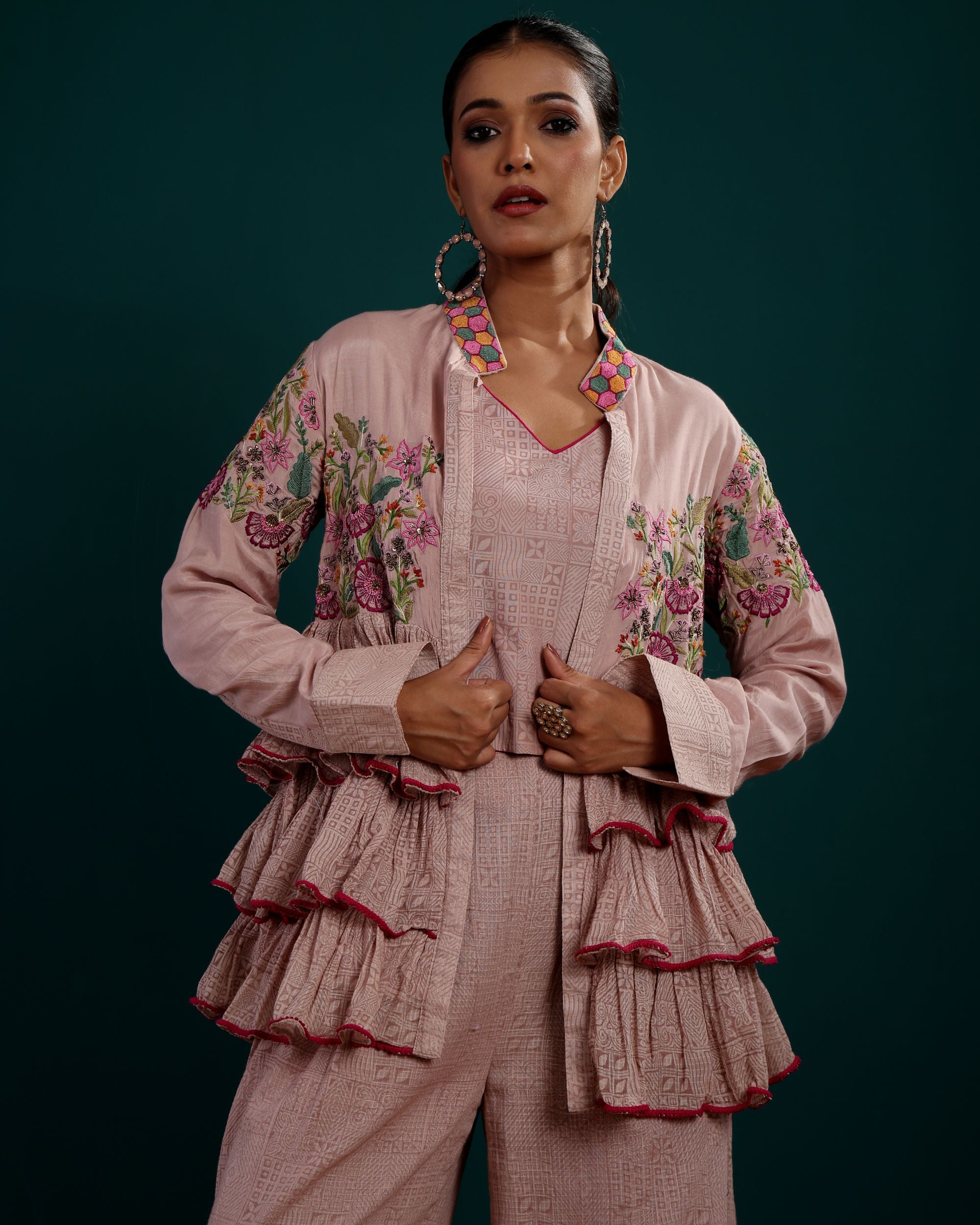 3TIER FULL SLEEVES EMBROIDERED TOP WITH INNER & PLAZZO