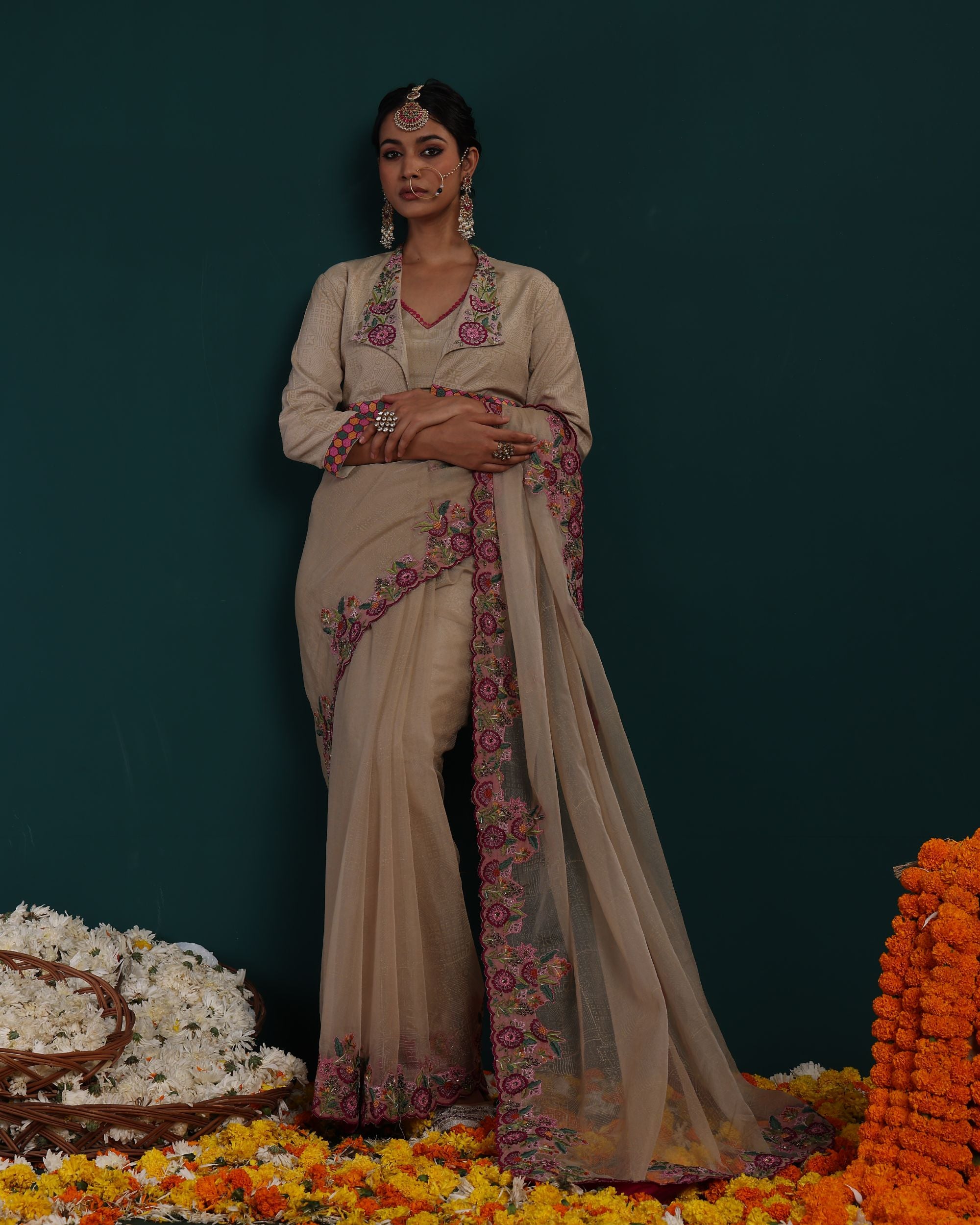 EMBROIDERY CUTWORK SAREE WITH COLLOR EMBROIDERED JACKET & INNER