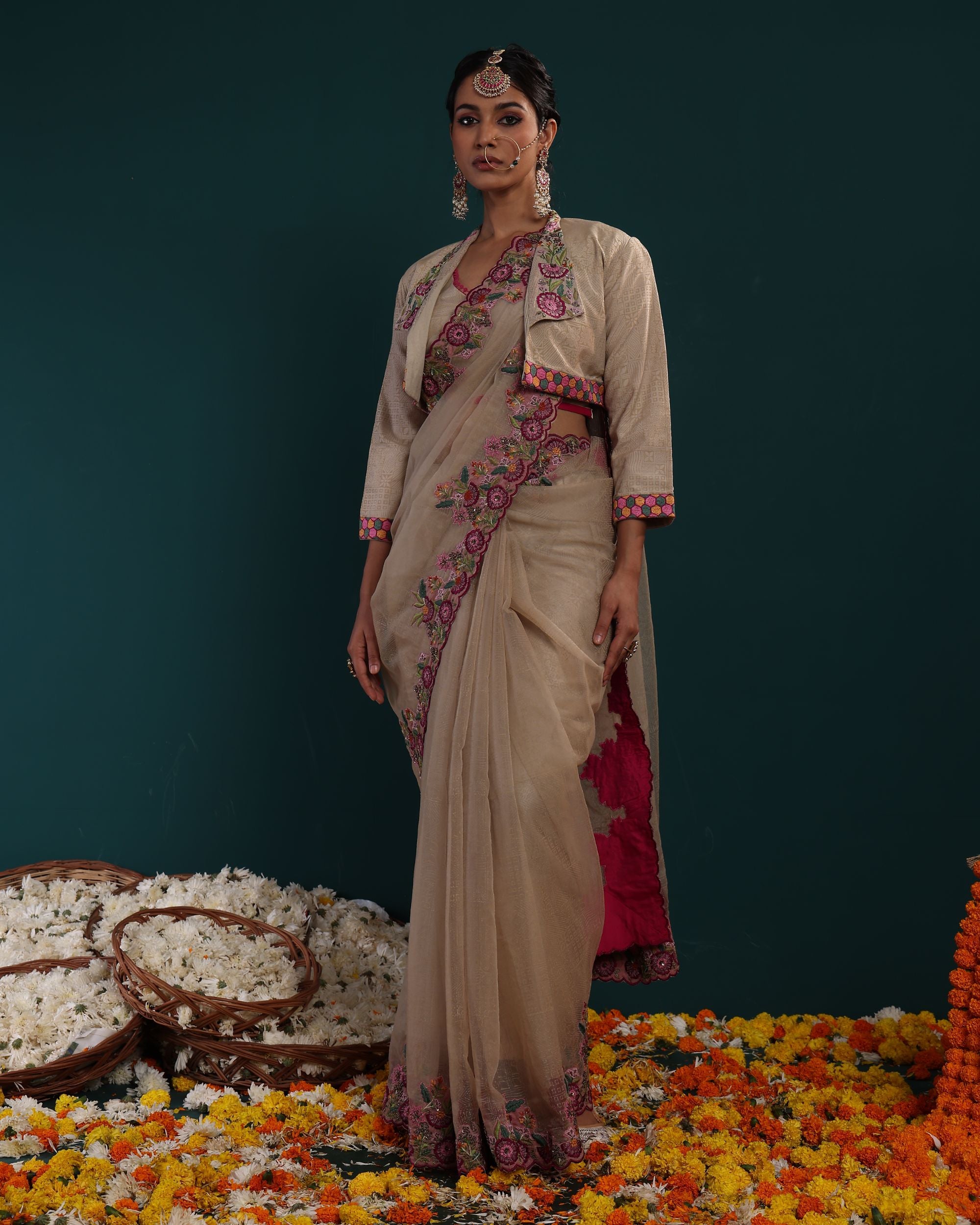Beige Organza Saree with Jacket