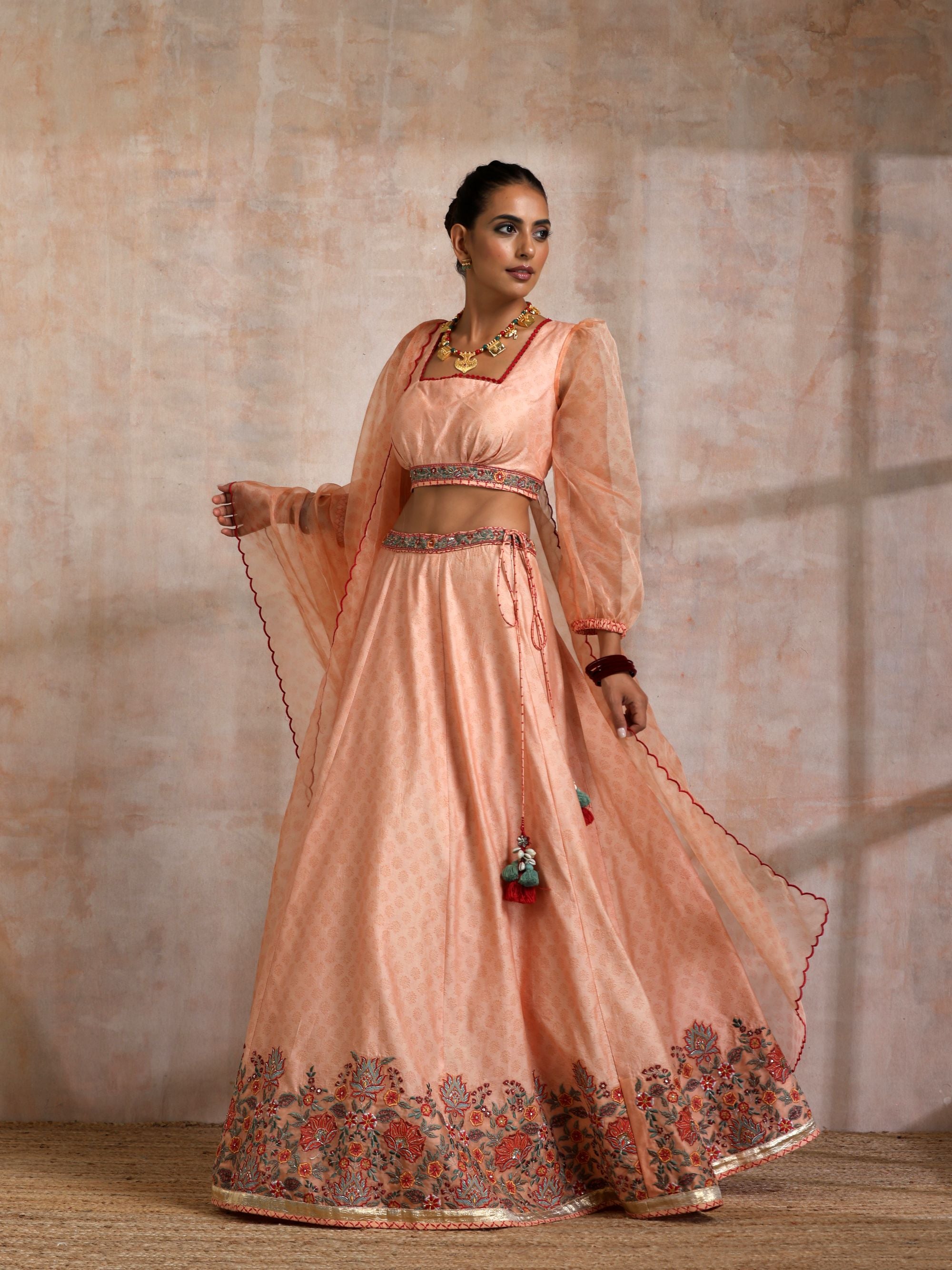 KESARI CHANDERI EMBROIDERED LEHANGA WITH ORGANZA PUFF SLEEVES BLOUSE