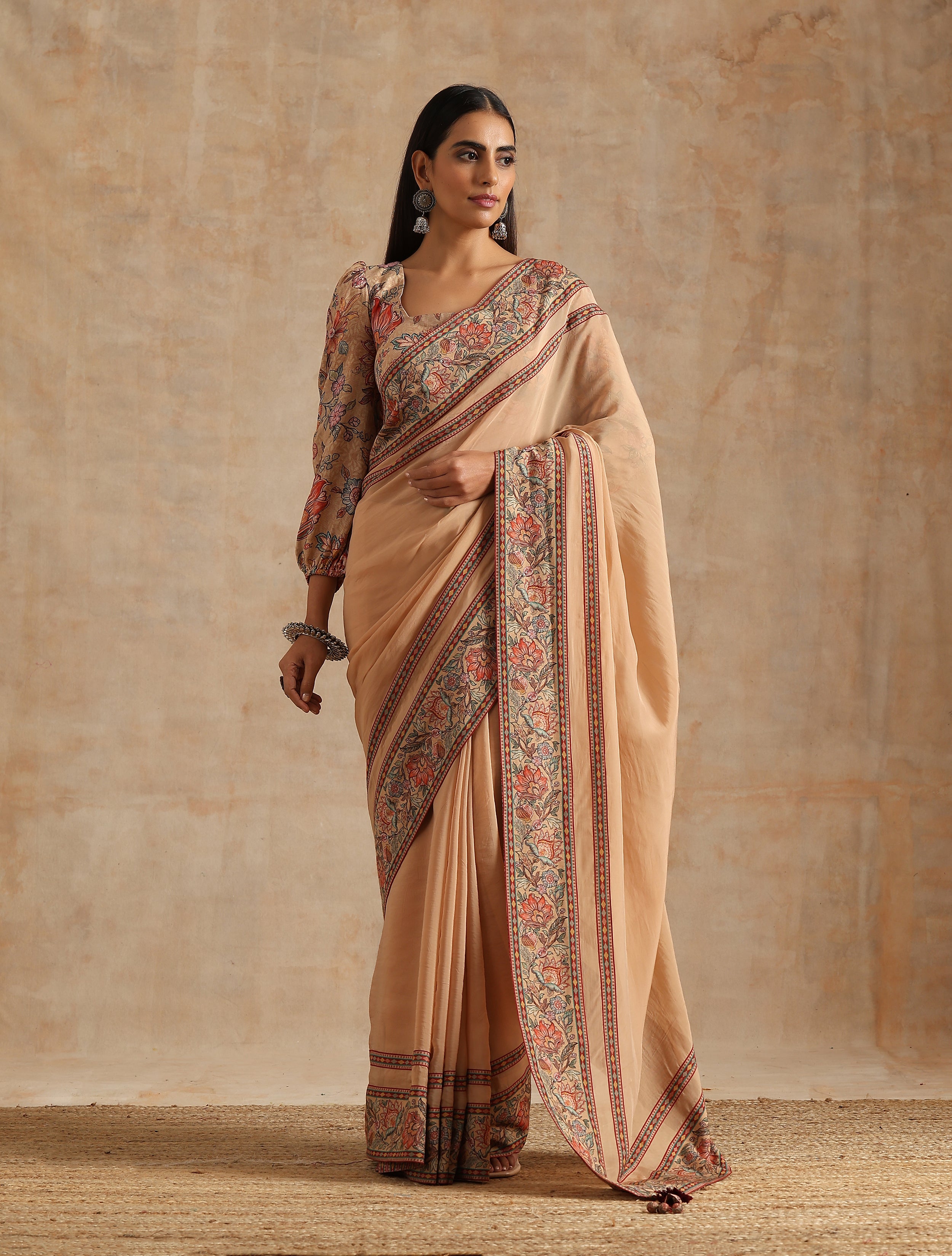 BADAMI PLAIN ORGANZA SAREE WITH PRINTED BORDER AND BLOUSE