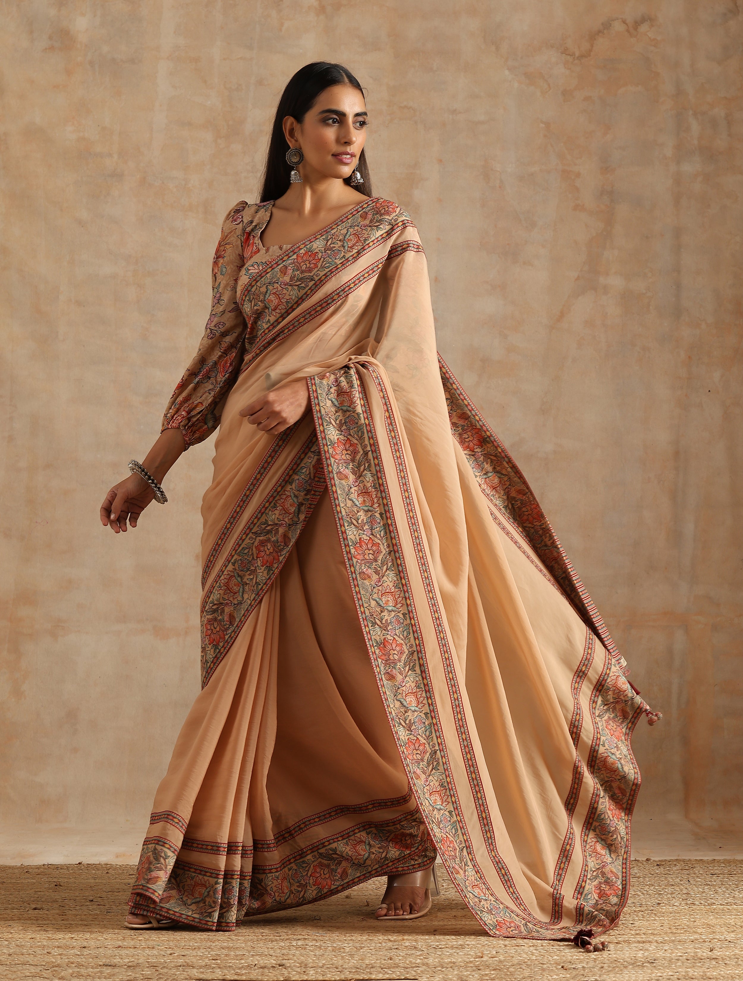 BADAMI PLAIN ORGANZA SAREE WITH PRINTED BORDER AND BLOUSE