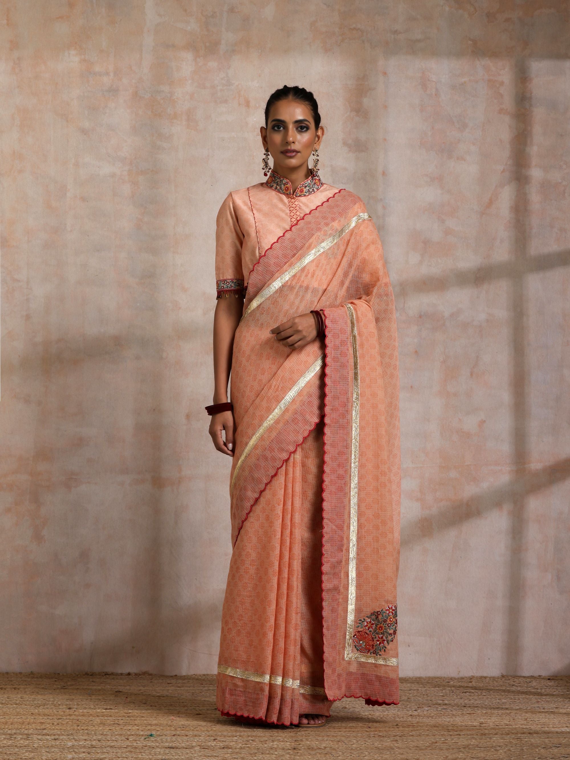 KESARI SCALLOP KOTA SAREE WITH BOOTA ON PALLU CORNER