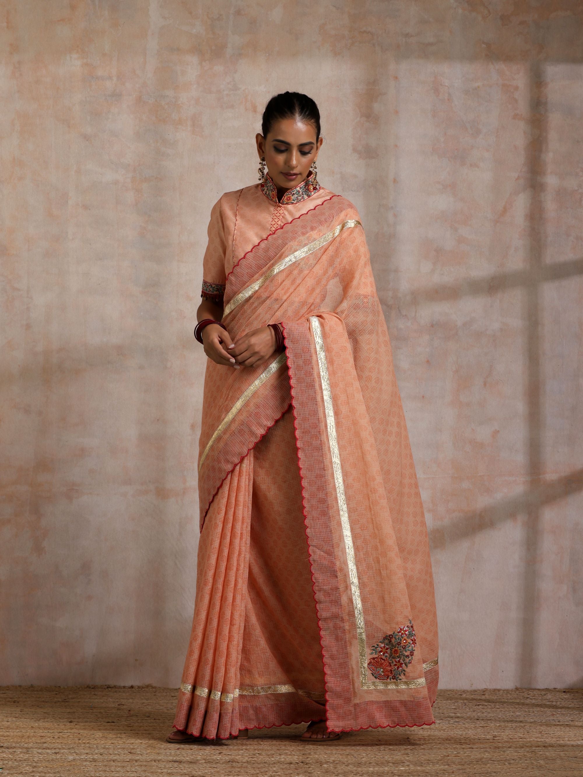 KESARI SCALLOP KOTA SAREE WITH BOOTA ON PALLU CORNER