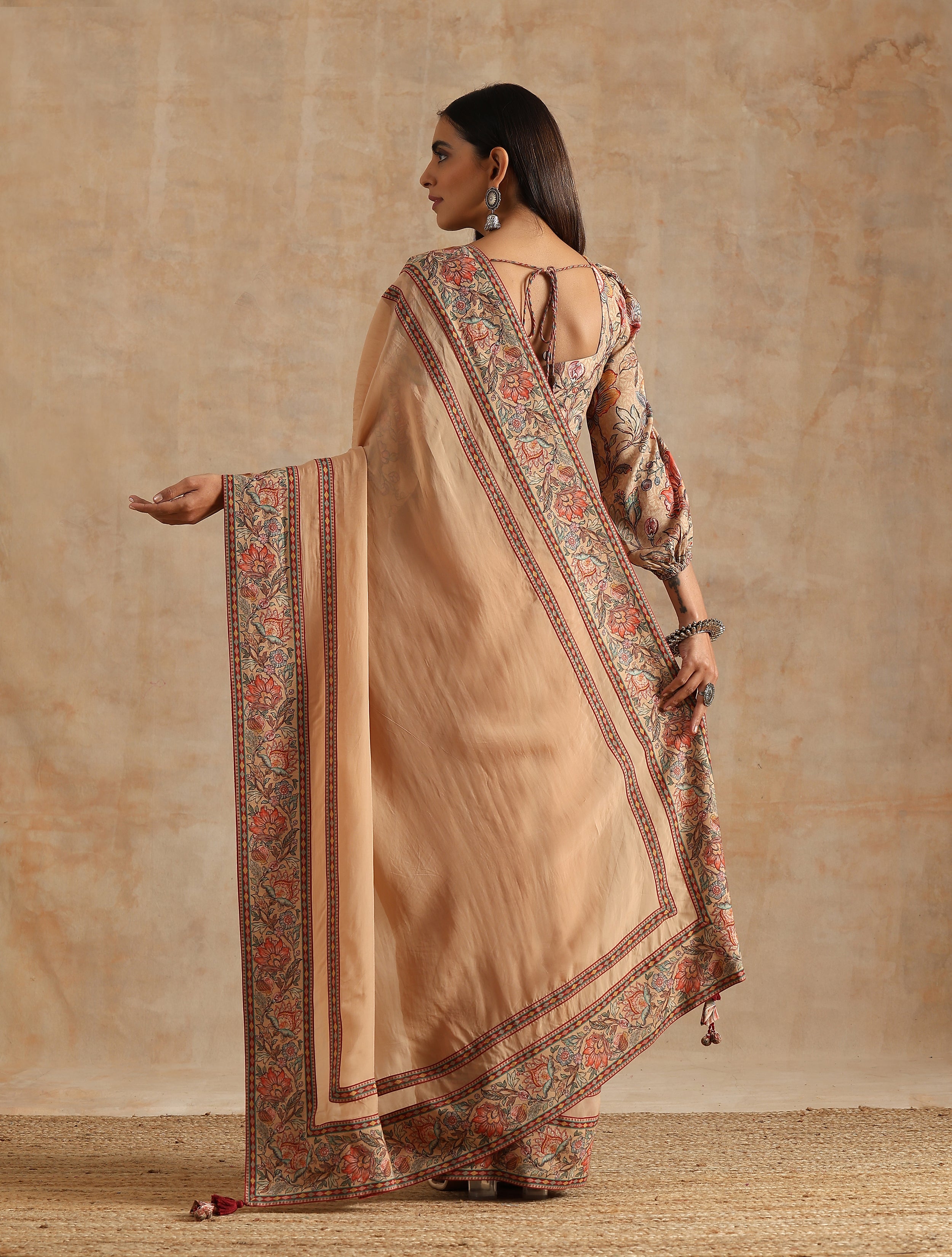 BADAMI PLAIN ORGANZA SAREE WITH PRINTED BORDER AND BLOUSE