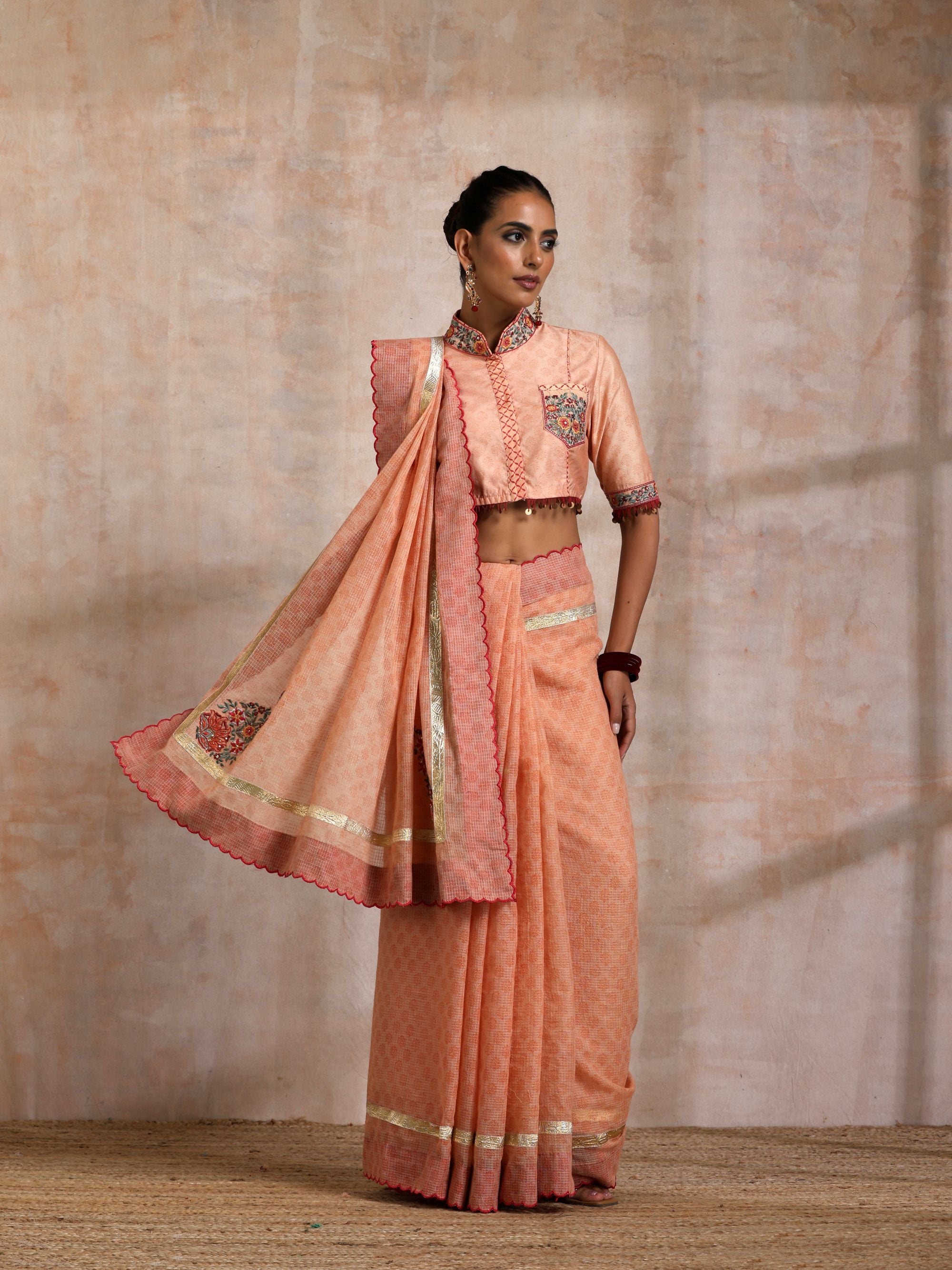 KESARI SCALLOP KOTA SAREE WITH BOOTA ON PALLU CORNER