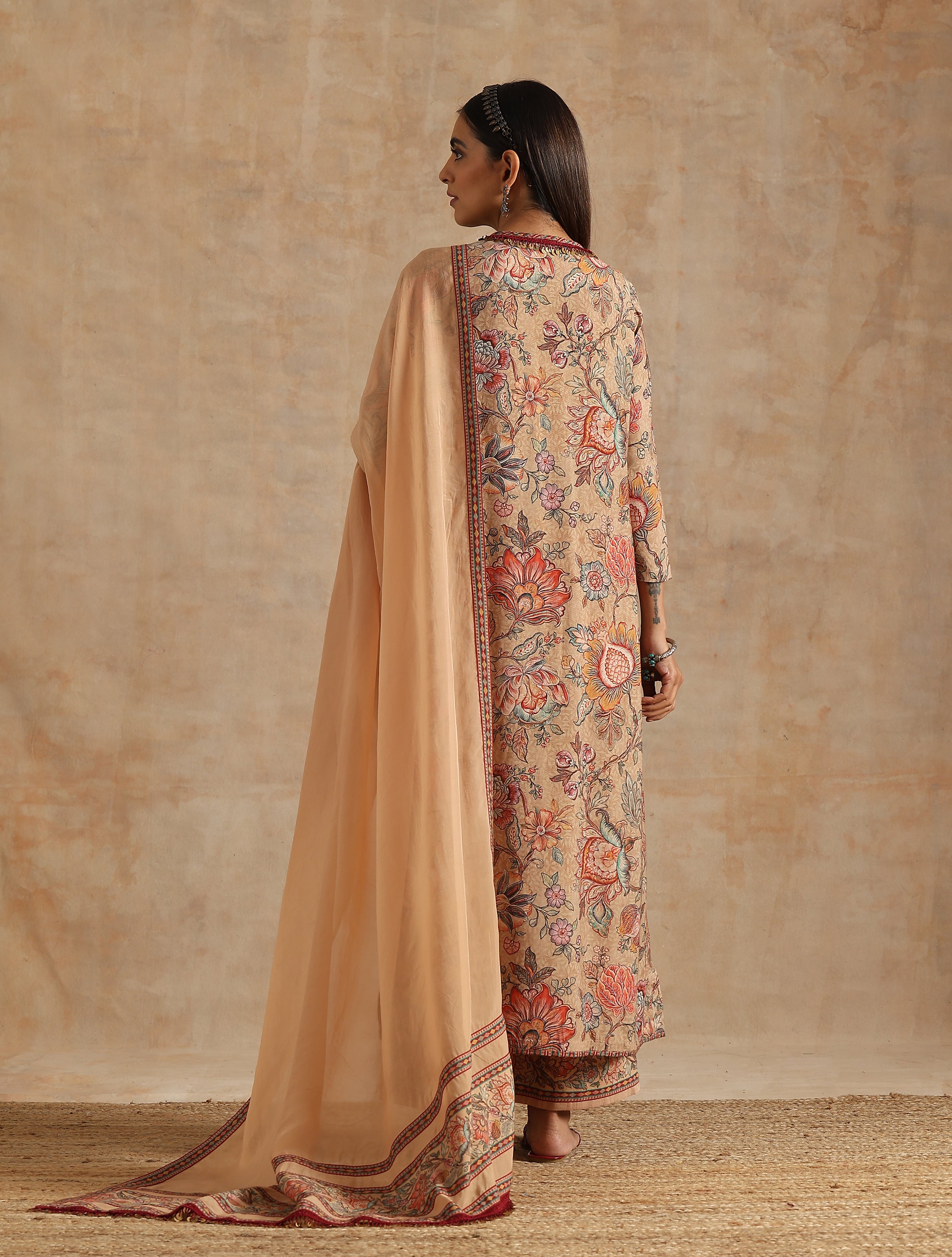 BADAMI JAAL PRINT GHERA KURTA WITH PLAZZO AND DUPATTA