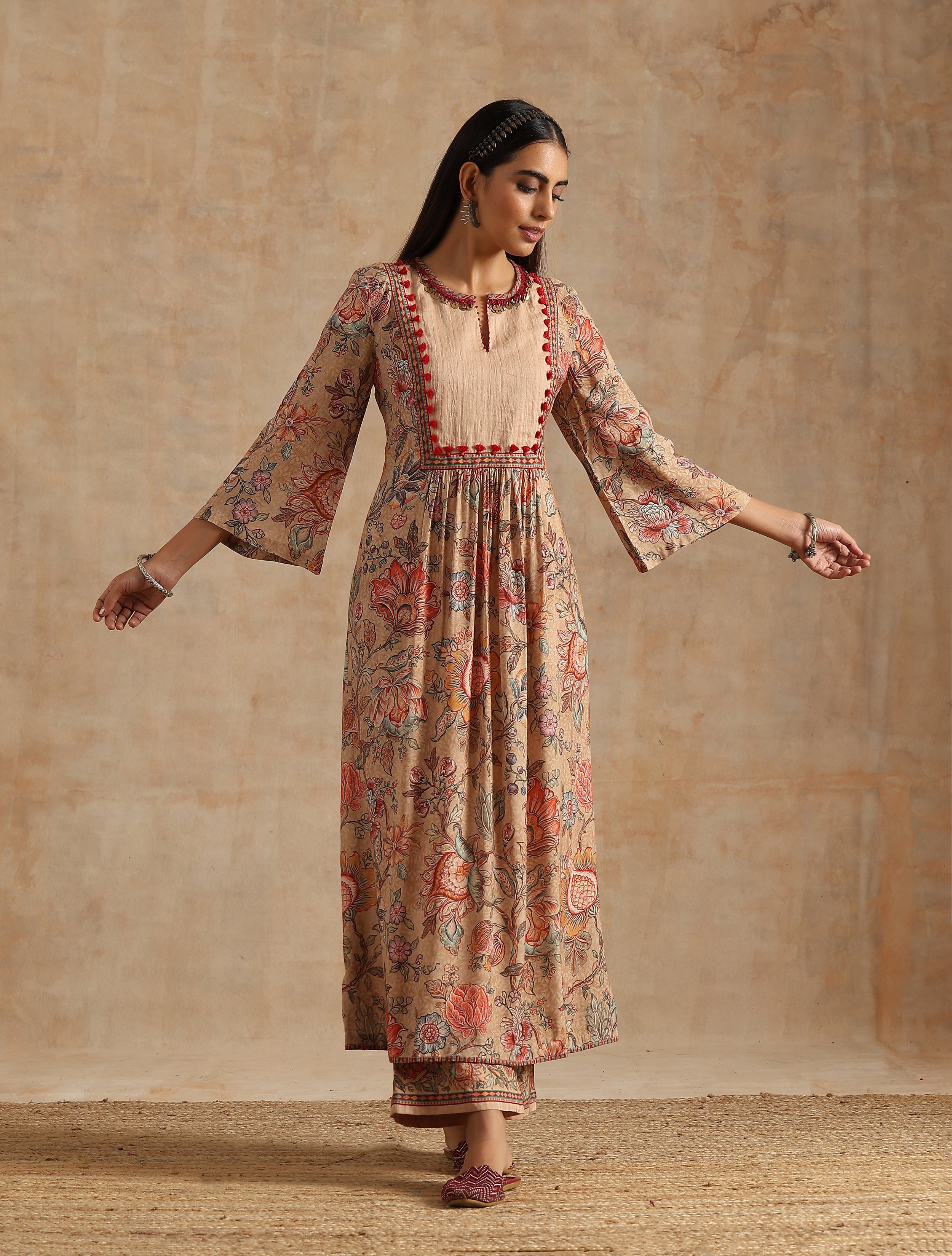 BADAMI JAAL PRINT GHERA KURTA WITH PLAZZO AND DUPATTA