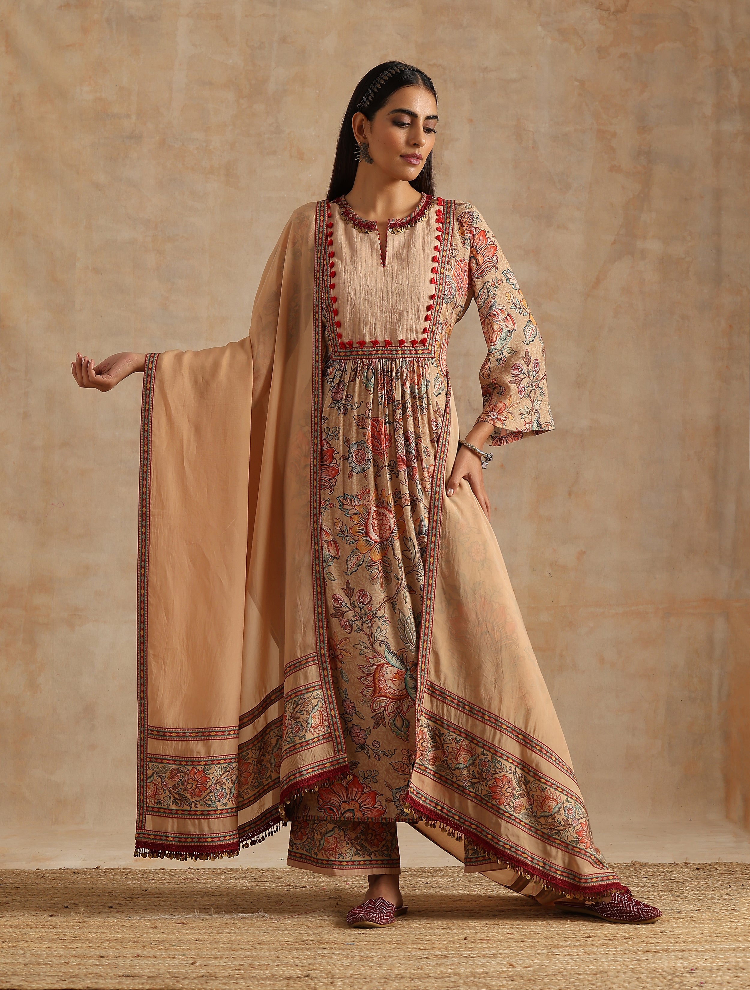 BADAMI JAAL PRINT GHERA KURTA WITH PLAZZO AND DUPATTA