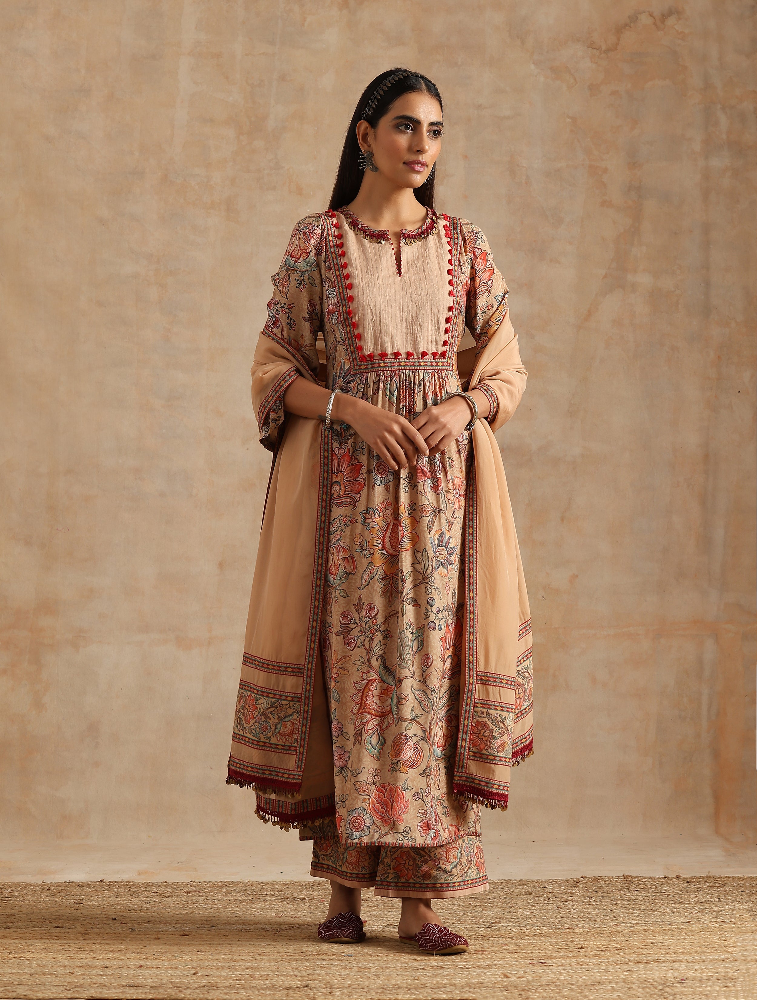 BADAMI JAAL PRINT GHERA KURTA WITH PLAZZO AND DUPATTA