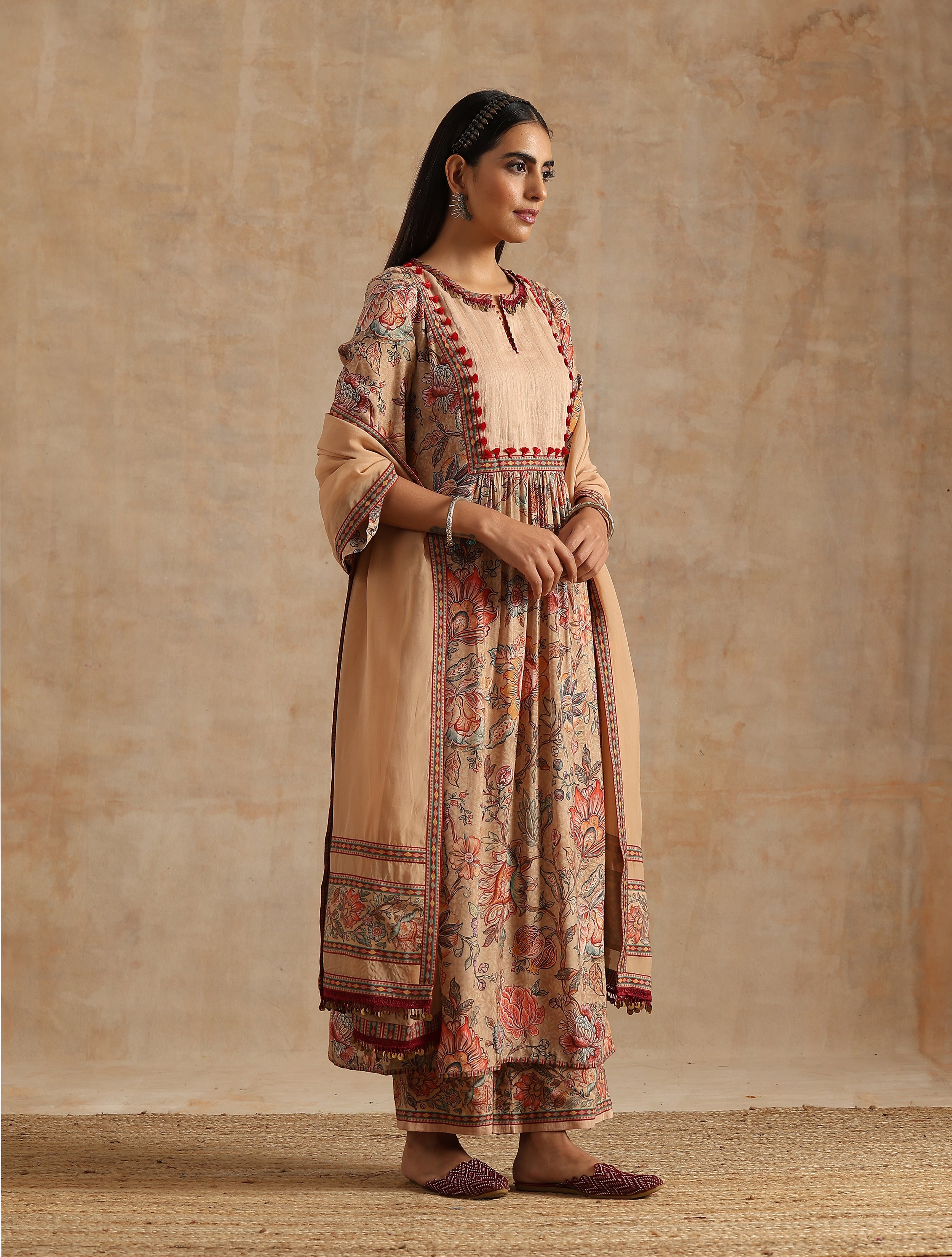 BADAMI JAAL PRINT GHERA KURTA WITH PLAZZO AND DUPATTA