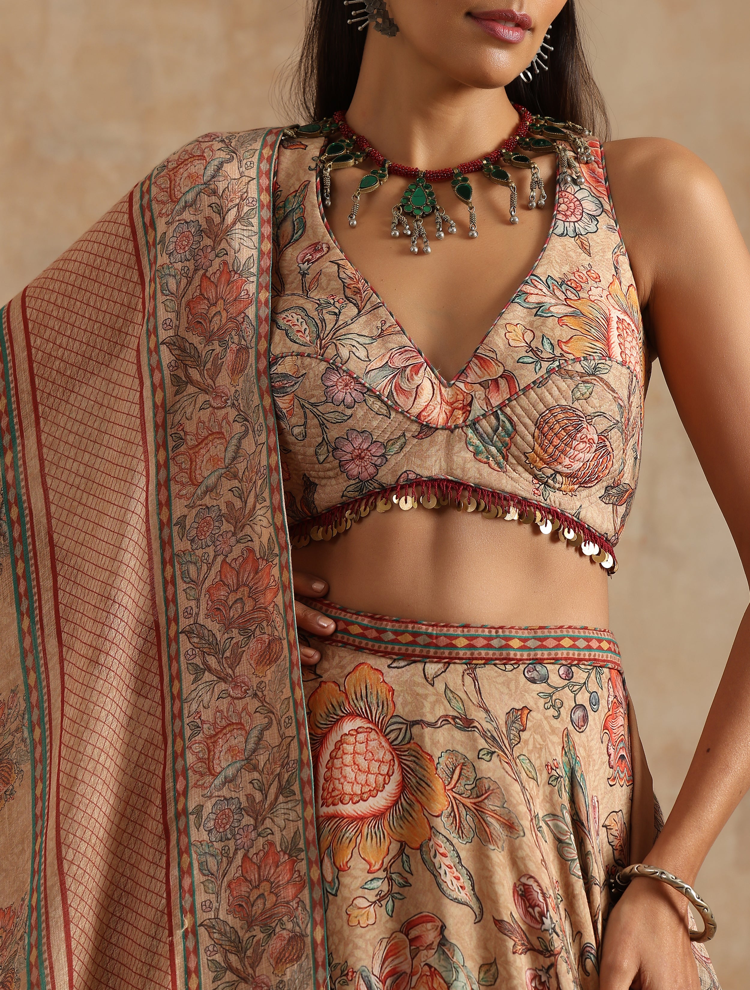 BADAMI JAAL PRINT LEHANGA WITH SLEEVELESS BLOUSE AND PLACEMENT PRINT DUPATTA