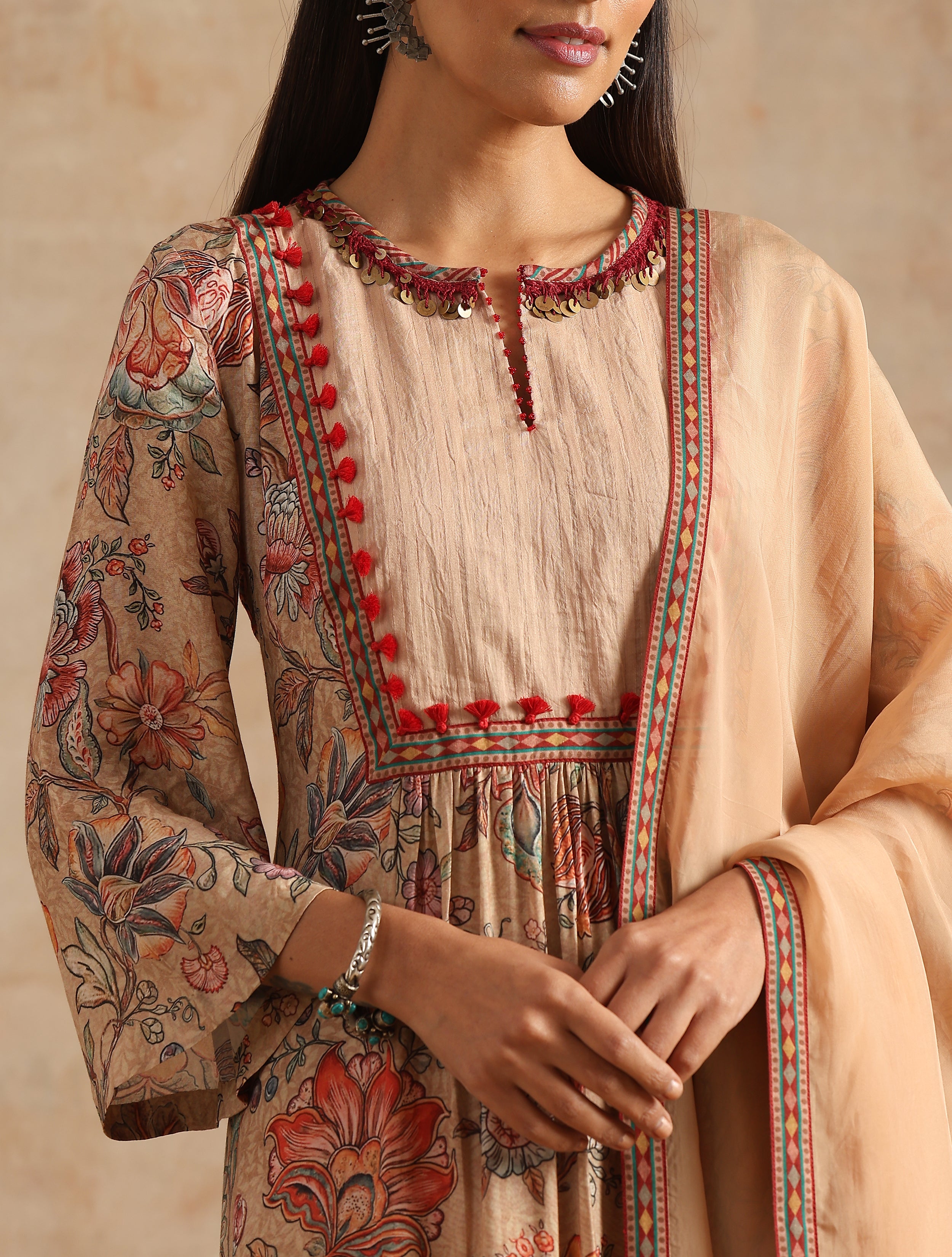 BADAMI JAAL PRINT GHERA KURTA WITH PLAZZO AND DUPATTA