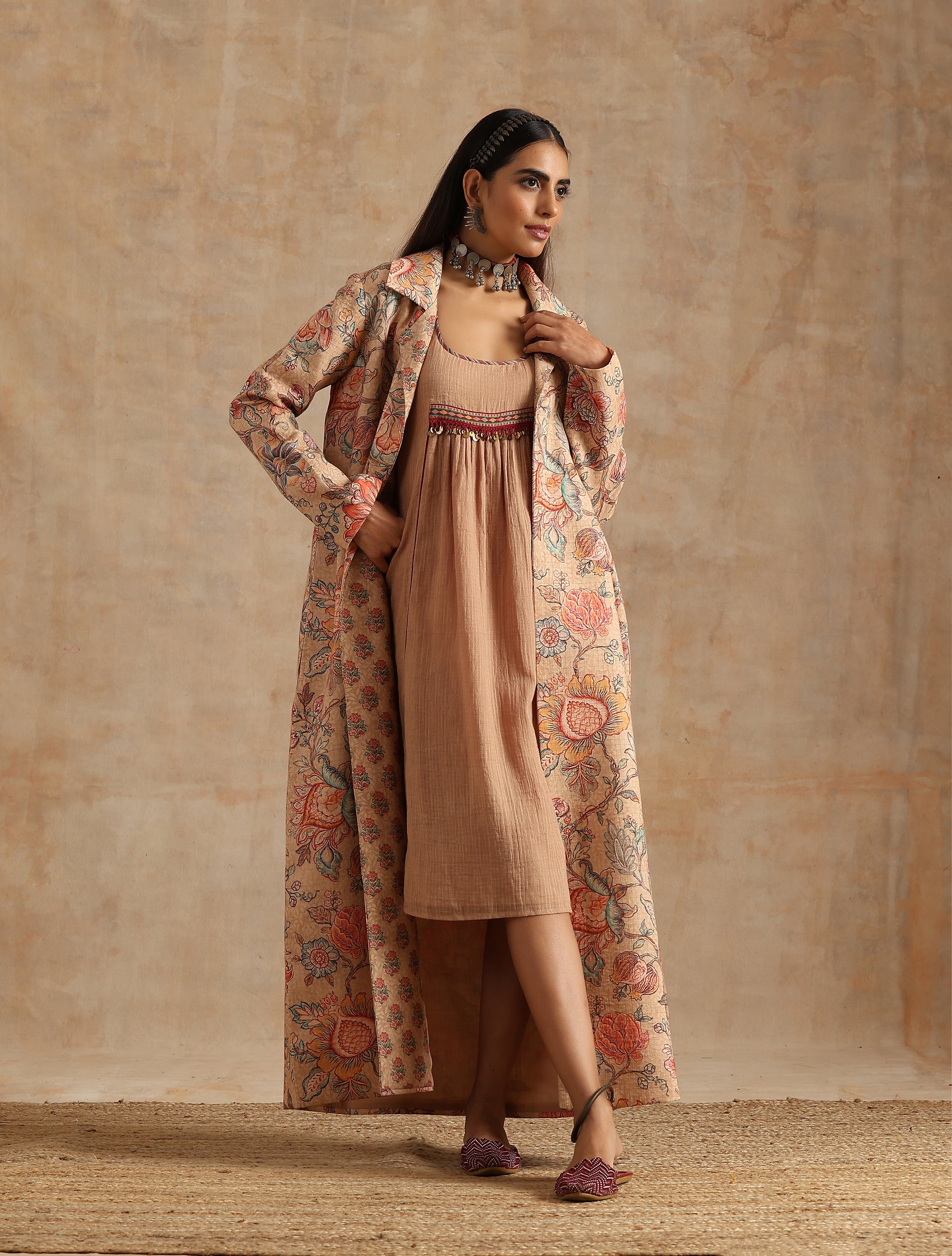 BADAMI JAAL PRINT JACKET AND PLAIN KOTA DRESS