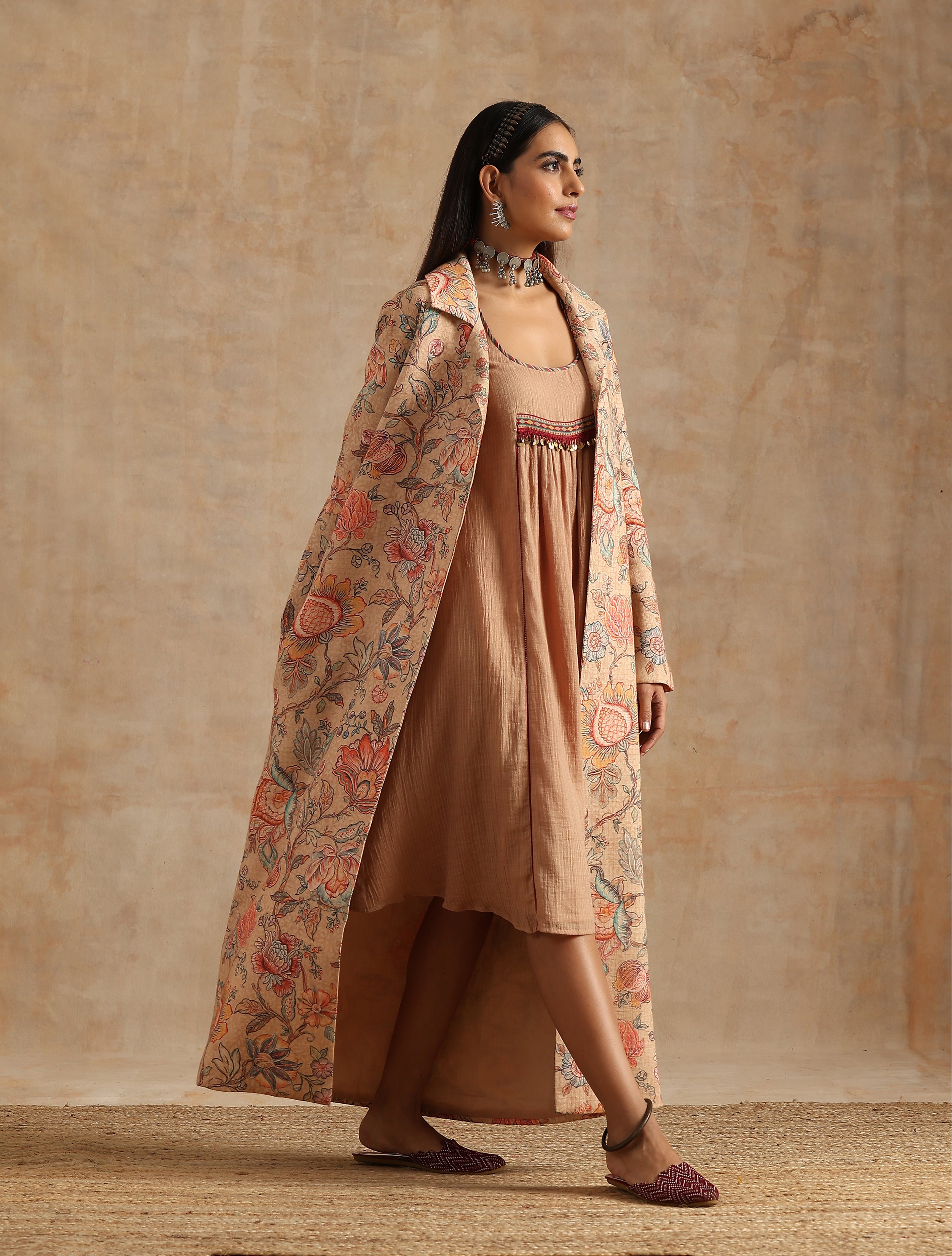 BADAMI JAAL PRINT JACKET AND PLAIN KOTA DRESS