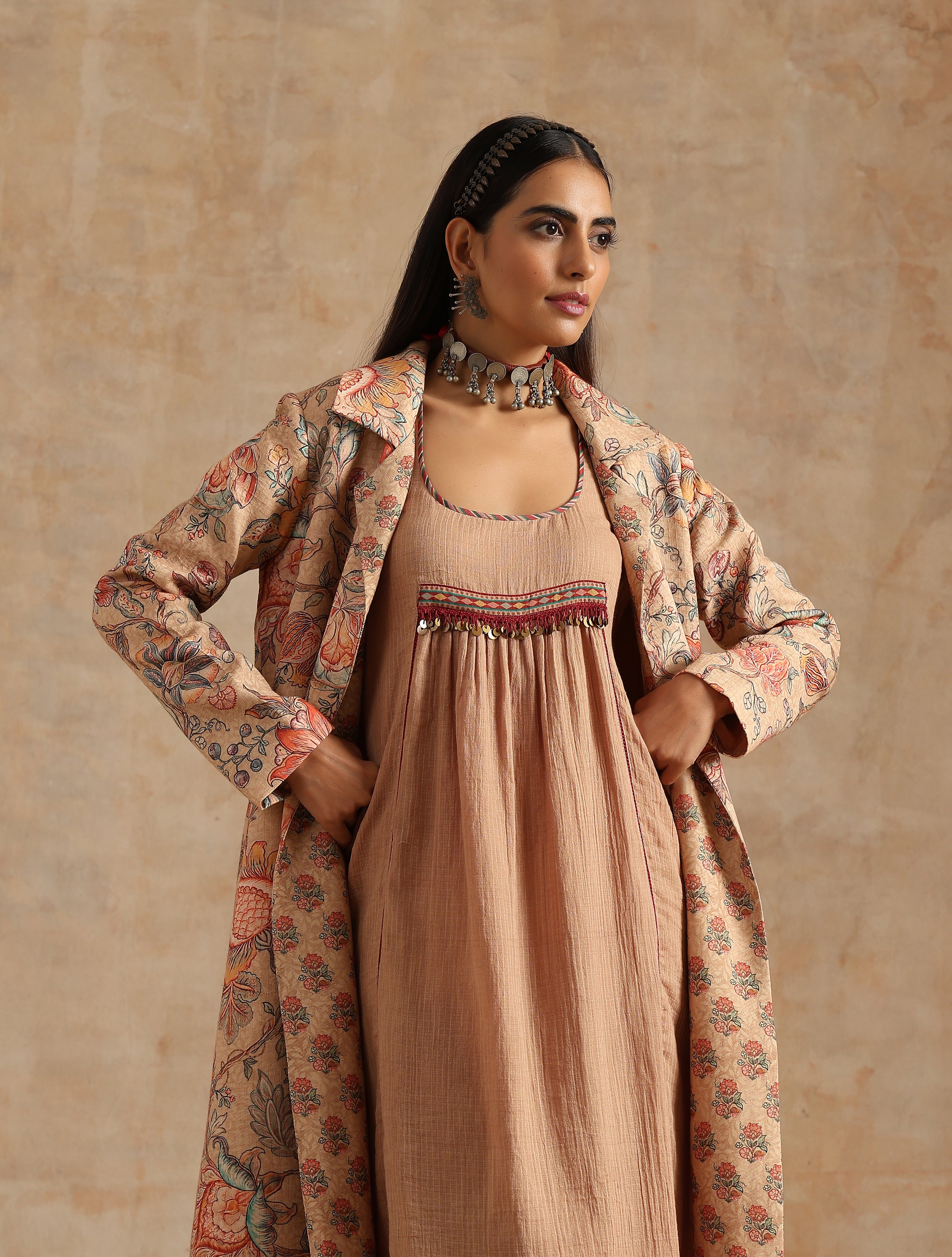 BADAMI JAAL PRINT JACKET AND PLAIN KOTA DRESS