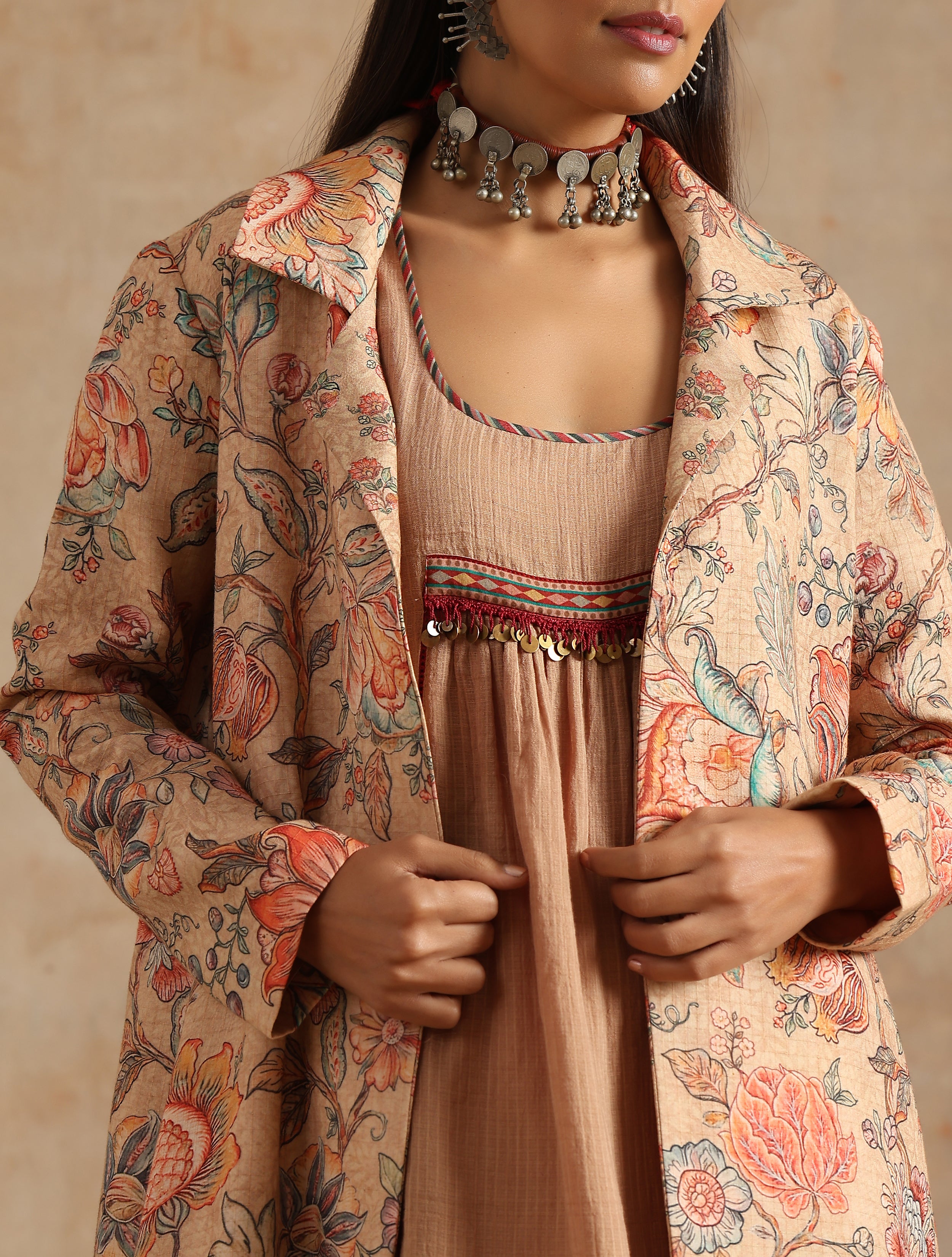 BADAMI JAAL PRINT JACKET AND PLAIN KOTA DRESS